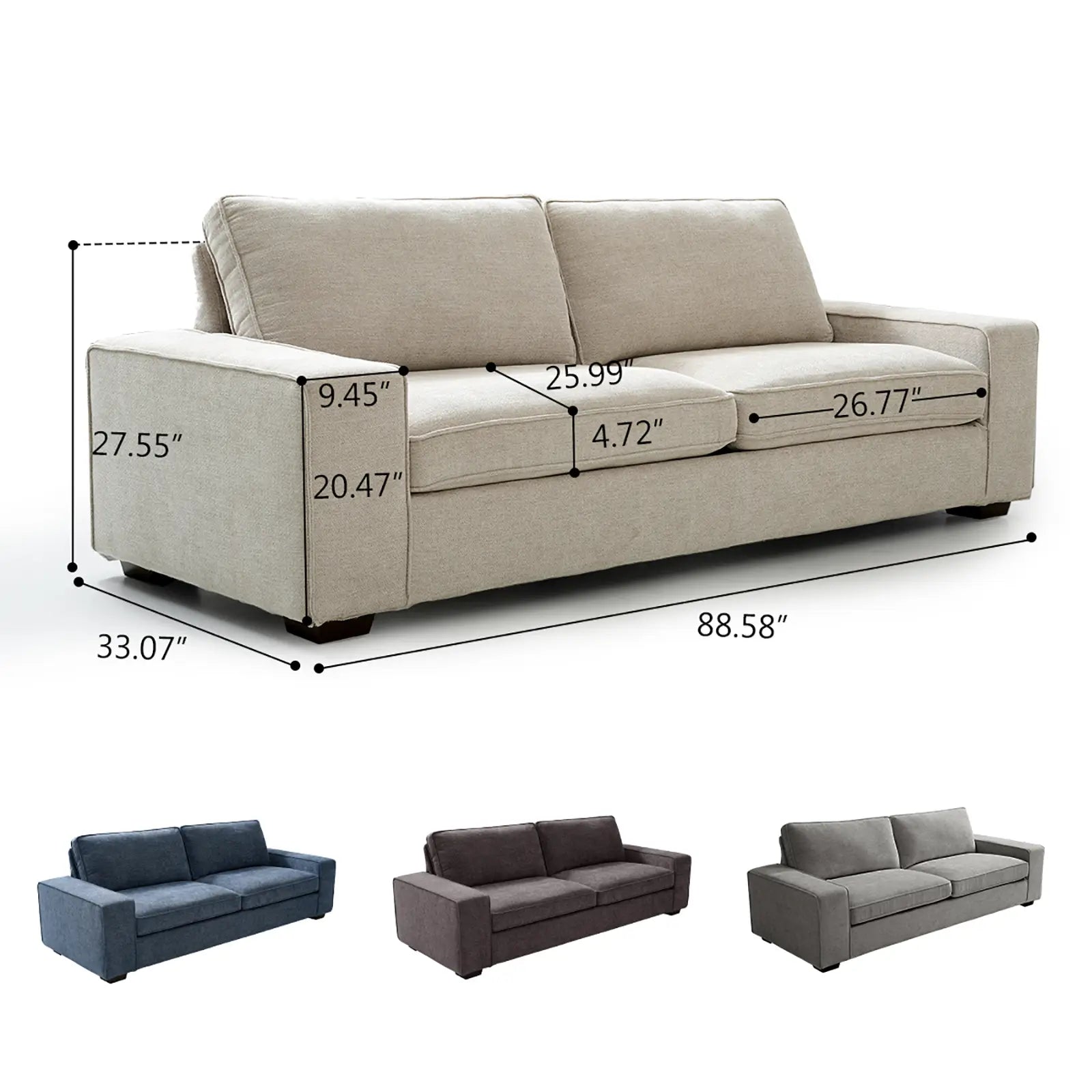 Modern Sofas Couches Solid Wood Frame#Color_Beige#Size_88.58 inches