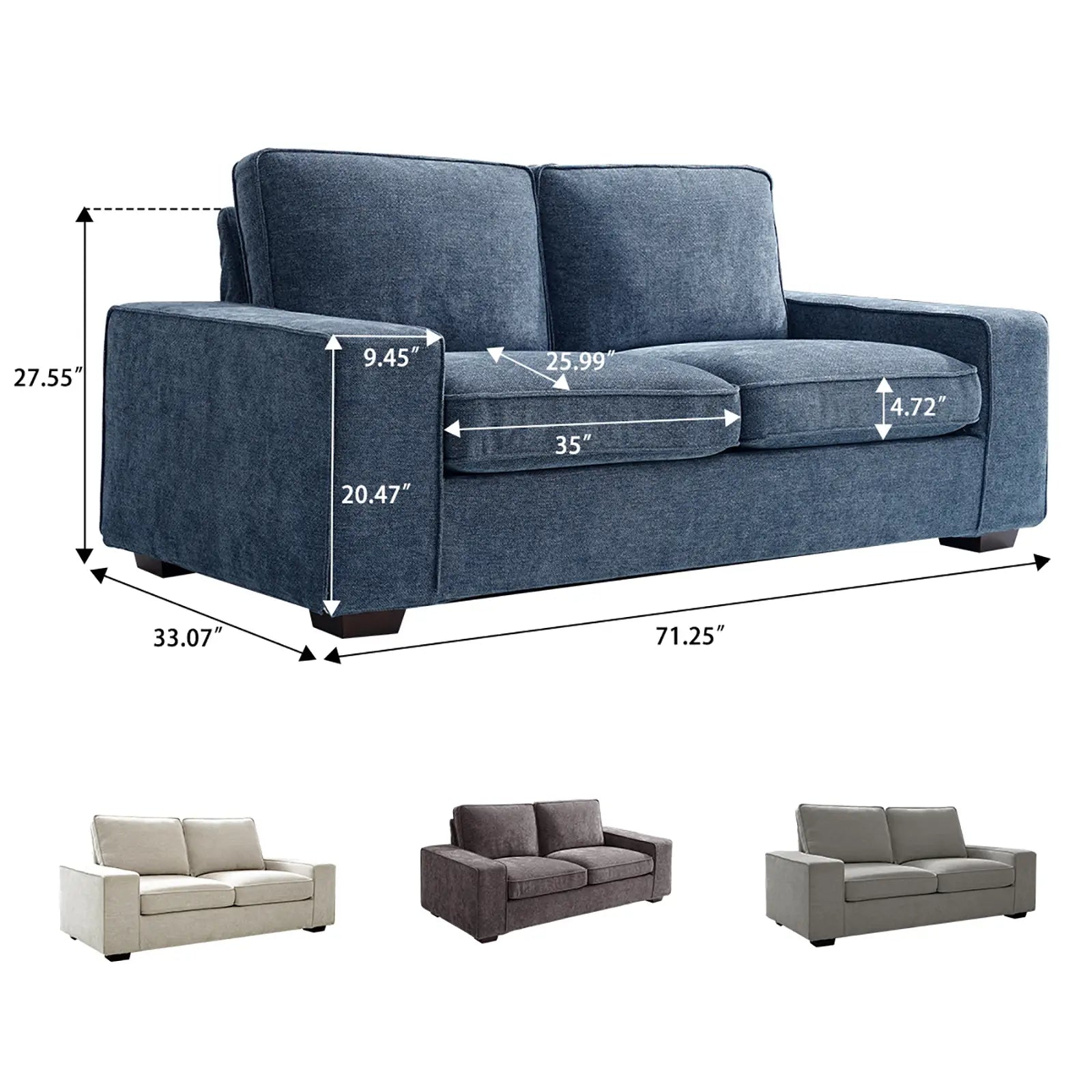 Modern Sofas Couches Solid Wood Frame Size#Color_Blue#Size_71.25 inches