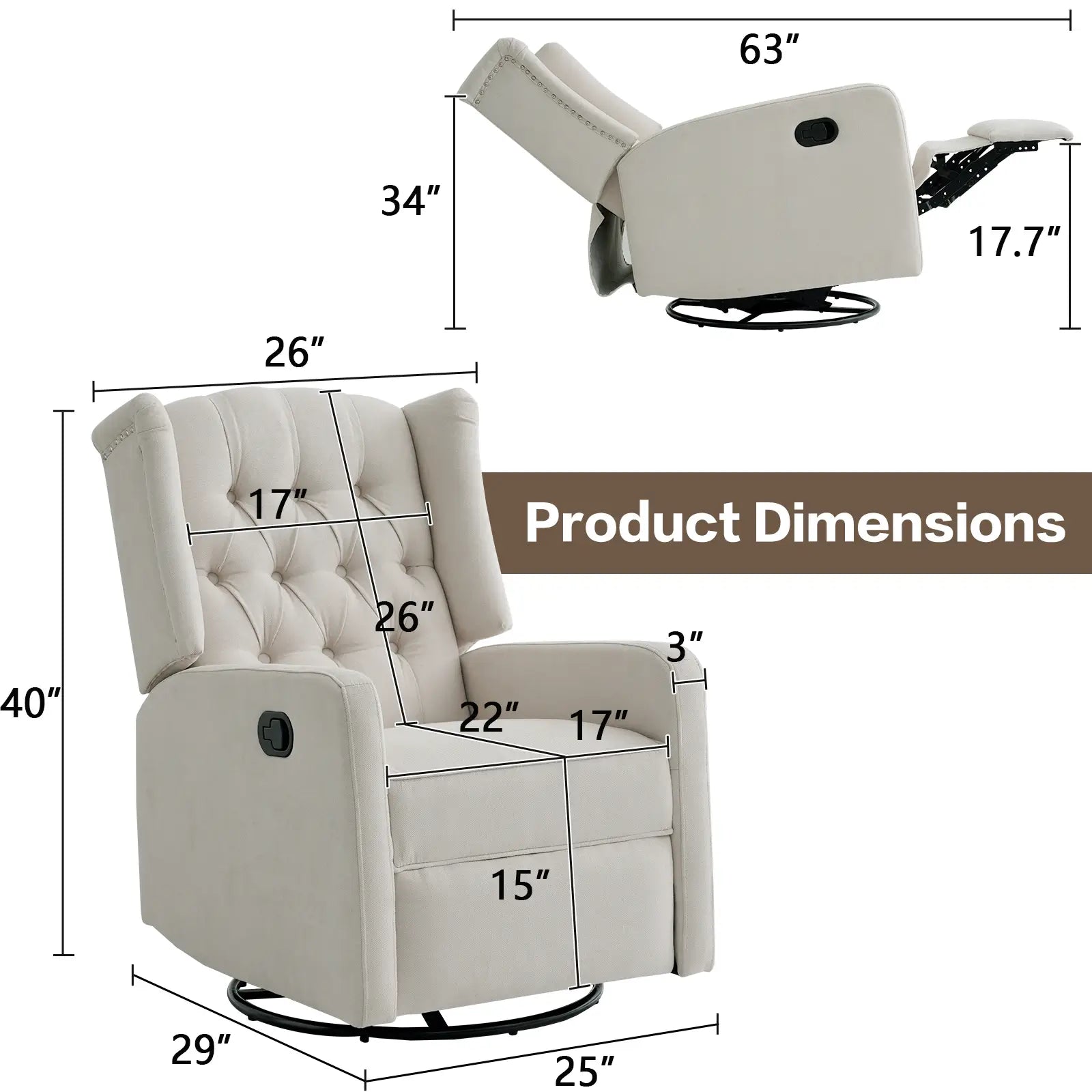 Swivel Rocker Recliner Chair Size#Color_Beige