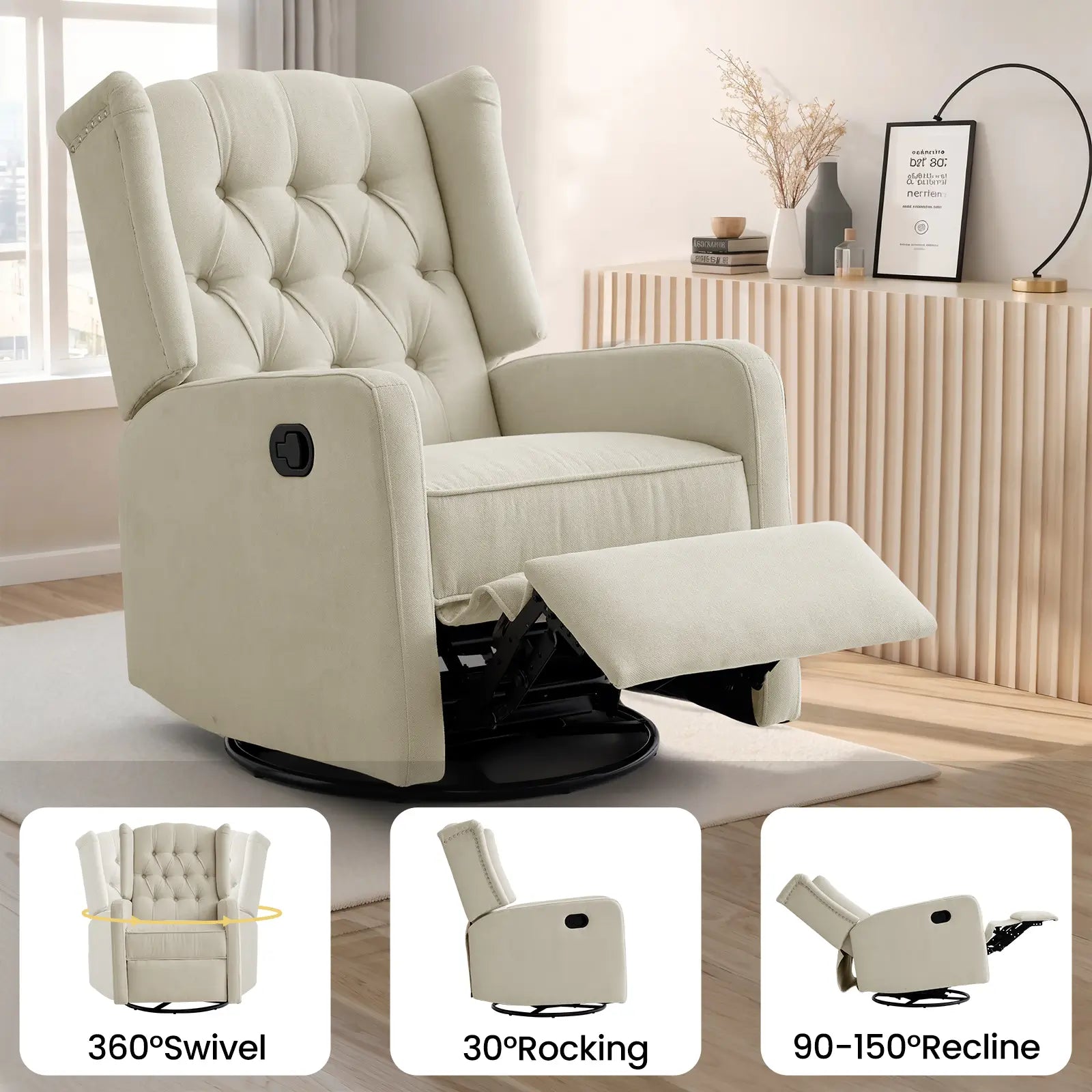 Swivel Rocker Recliner Chair 360° Swivel#Color_Beige