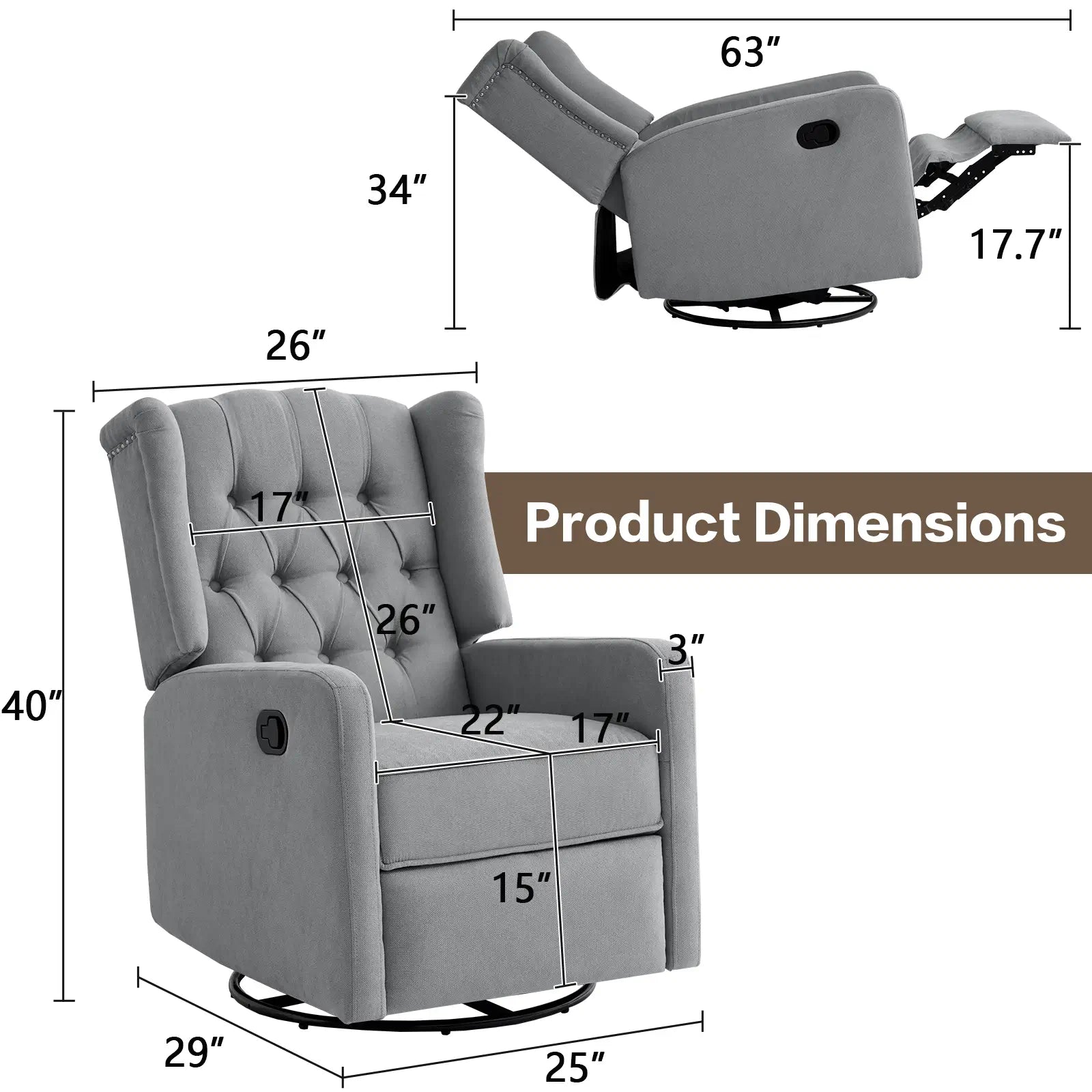 Swivel Rocker Recliner Chair Size#Color_Gray