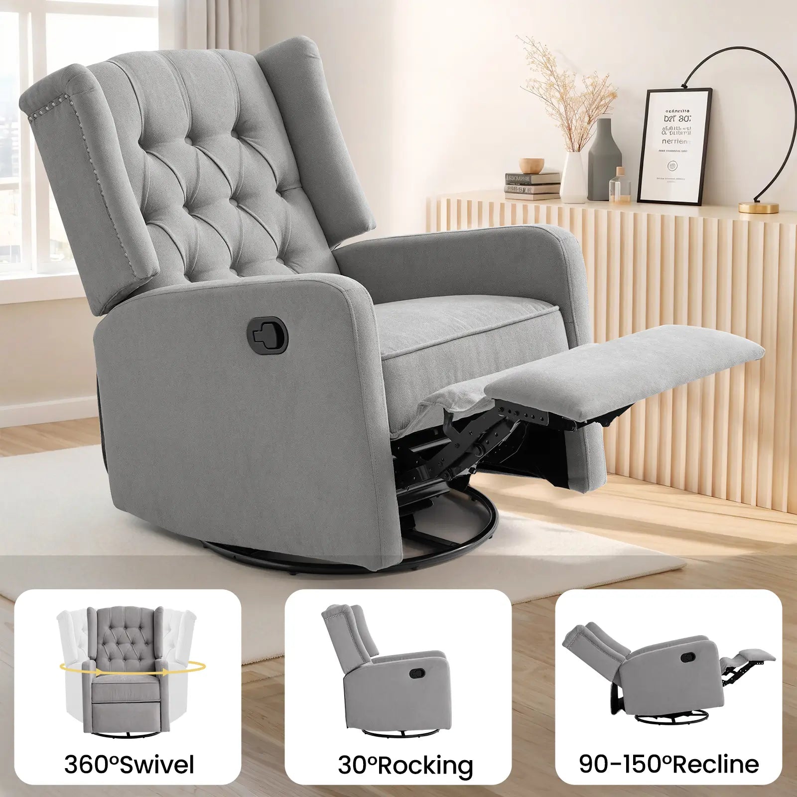Swivel Rocker Recliner Chair 30° Rocking#Color_Gray