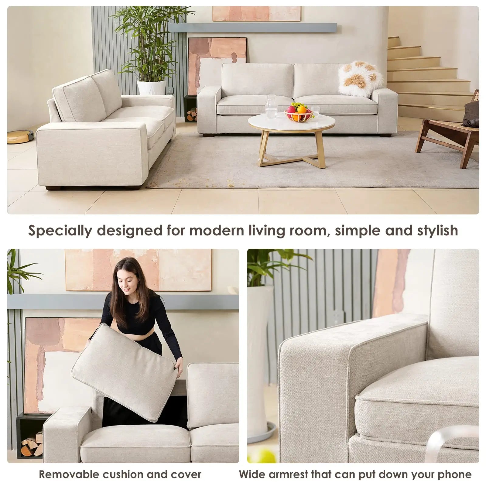 Modern Sofas Couches Solid Wood Frame Wide Armrest#Color_Beige#Size_71.25 inches