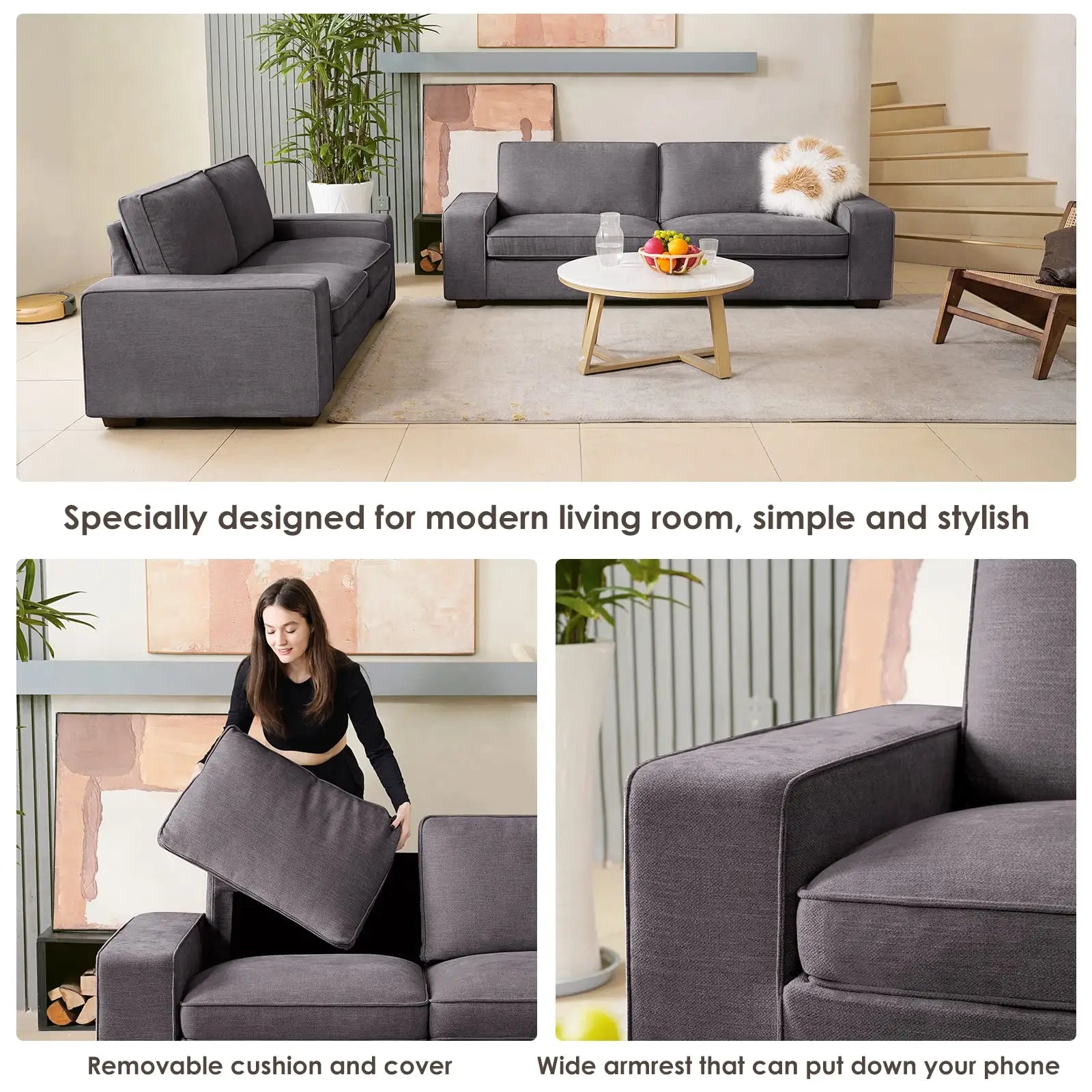 Modern Sofas Couches Solid Wood Frame#Color_Dark Grey#Size_88.58 inches