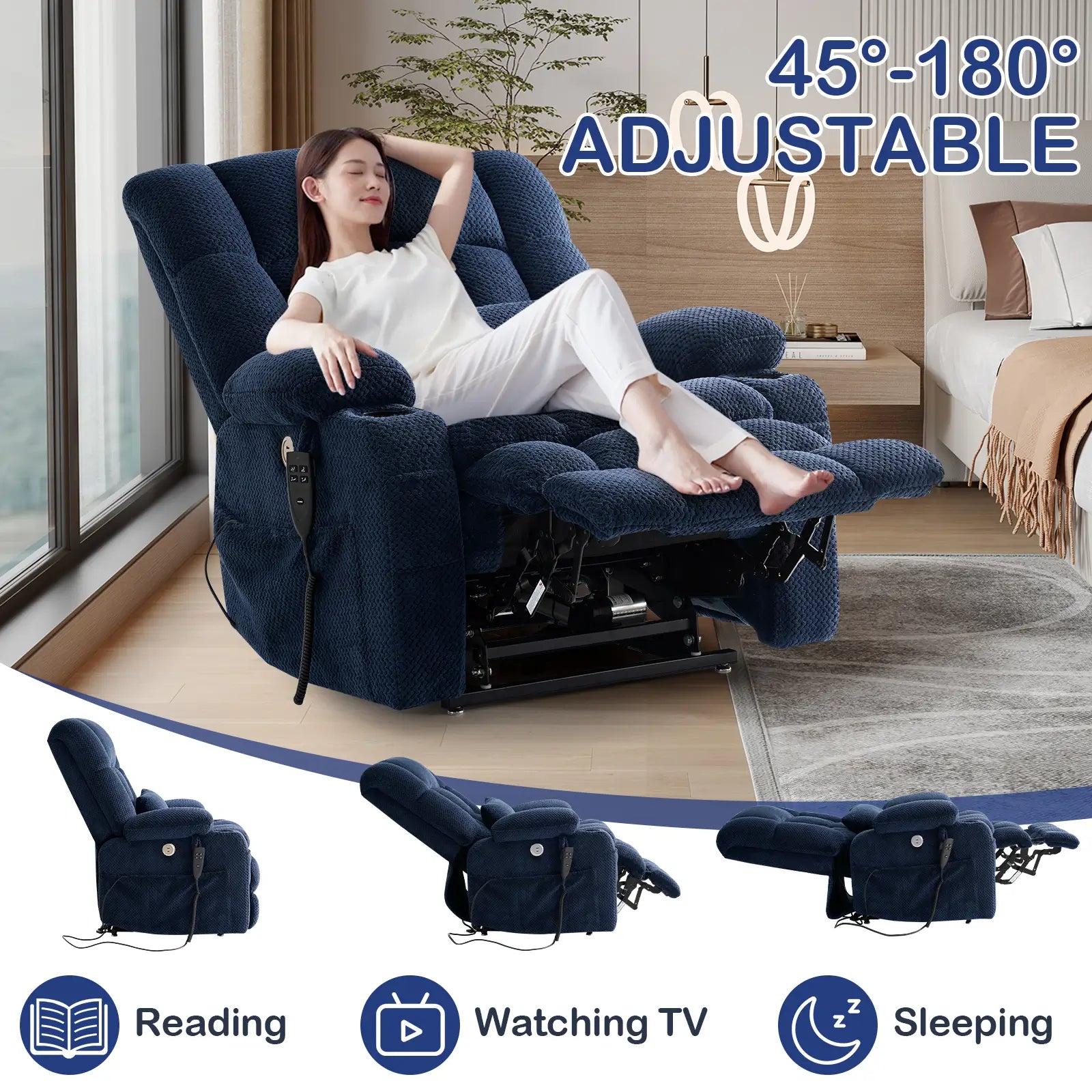 Extra Large and Wide Power Lift Recliner Chair, One-click Reset, Infinite Position 45°-180° Adjustable#Color_Navy Blue