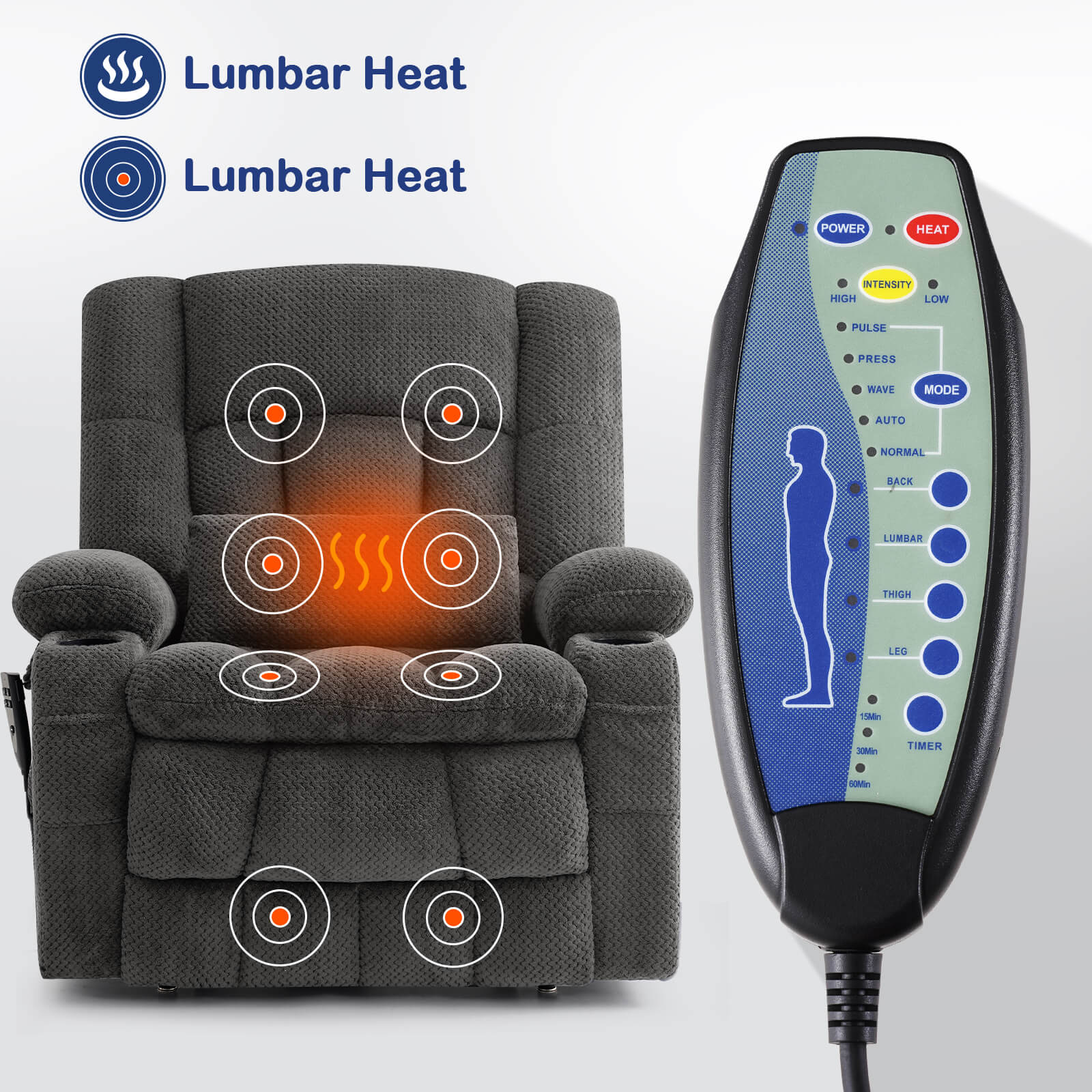 Extra Large and Wide Power Lift Recliner Chair, One-click Reset, Infinite Position Massage and Heat#Color_Dark Gray