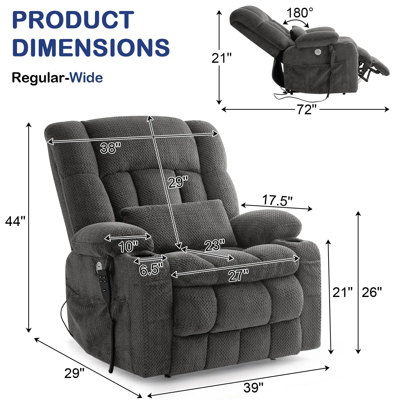 Extra Large and Wide Power Lift Recliner Chair, One-click Reset, Infinite Position Product Dimensions#Color_Dark Gray