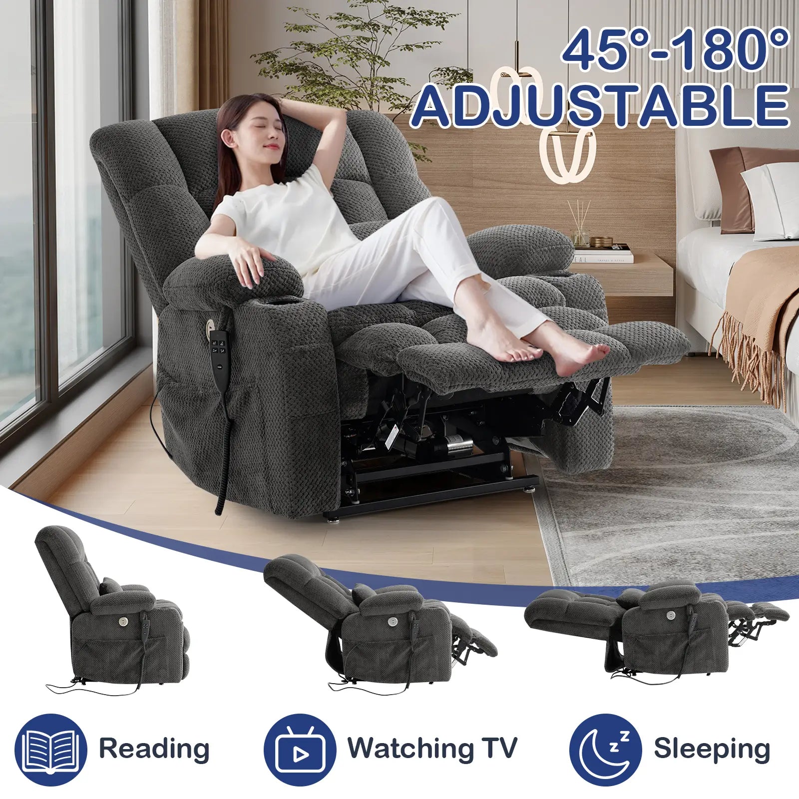 Extra Large and Wide Power Lift Recliner Chair, One-click Reset, Infinite Position 45°-180° Adjustable#Color_Dark Gray