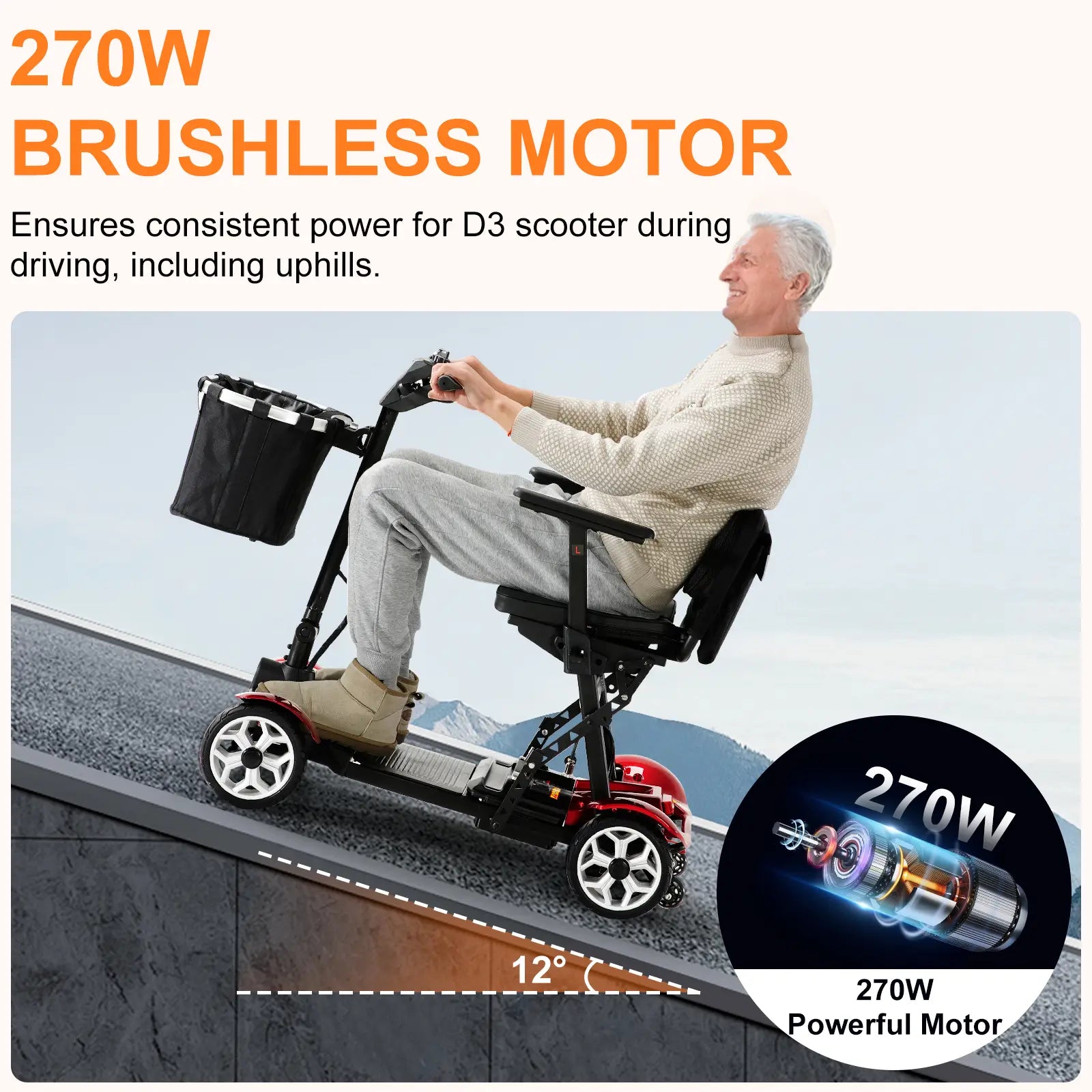 Foldable 4 Wheel Electric Mobility Scooter-Red-270w powerful motor