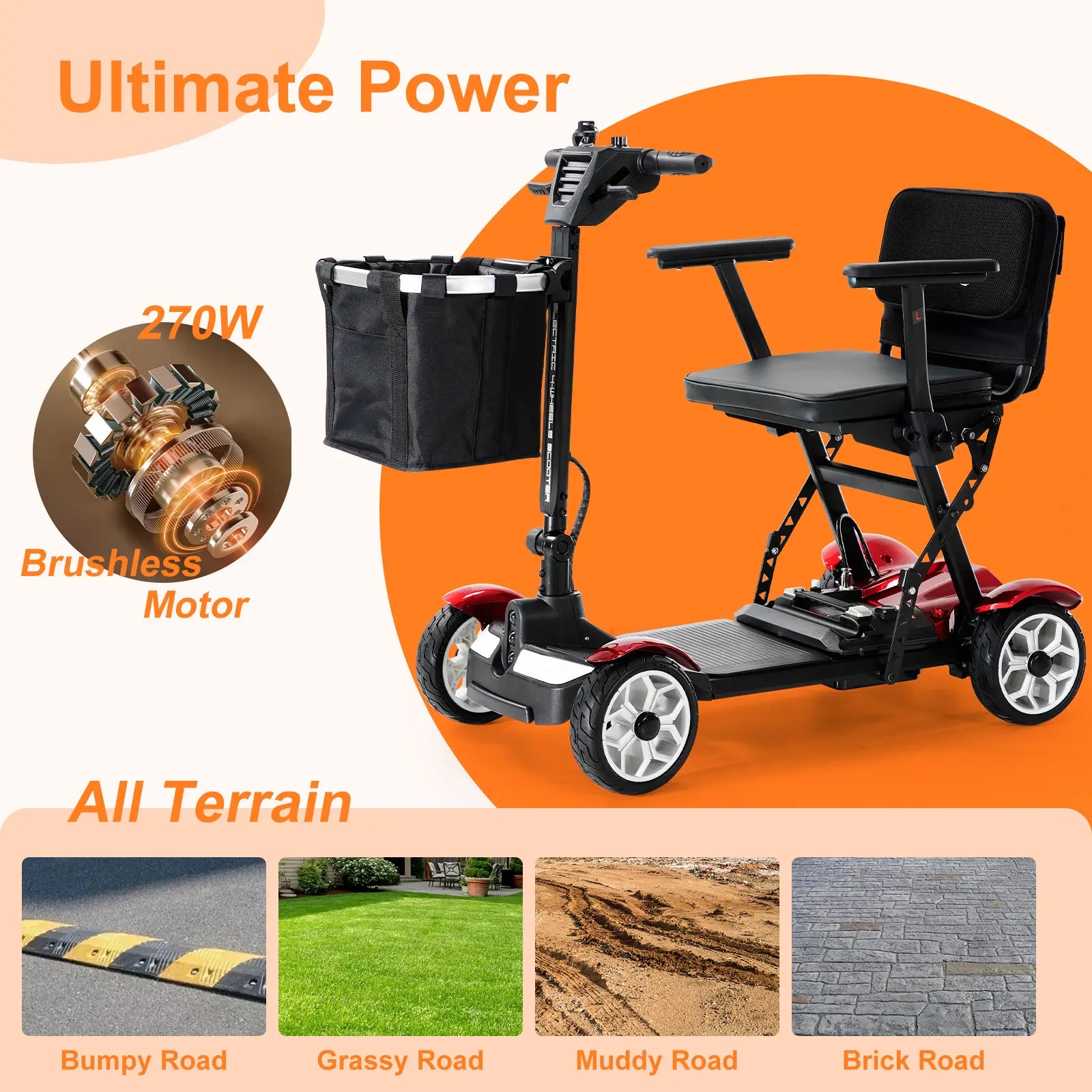 Foldable 4 Wheel Electric Mobility Scooter-Red-all terrain