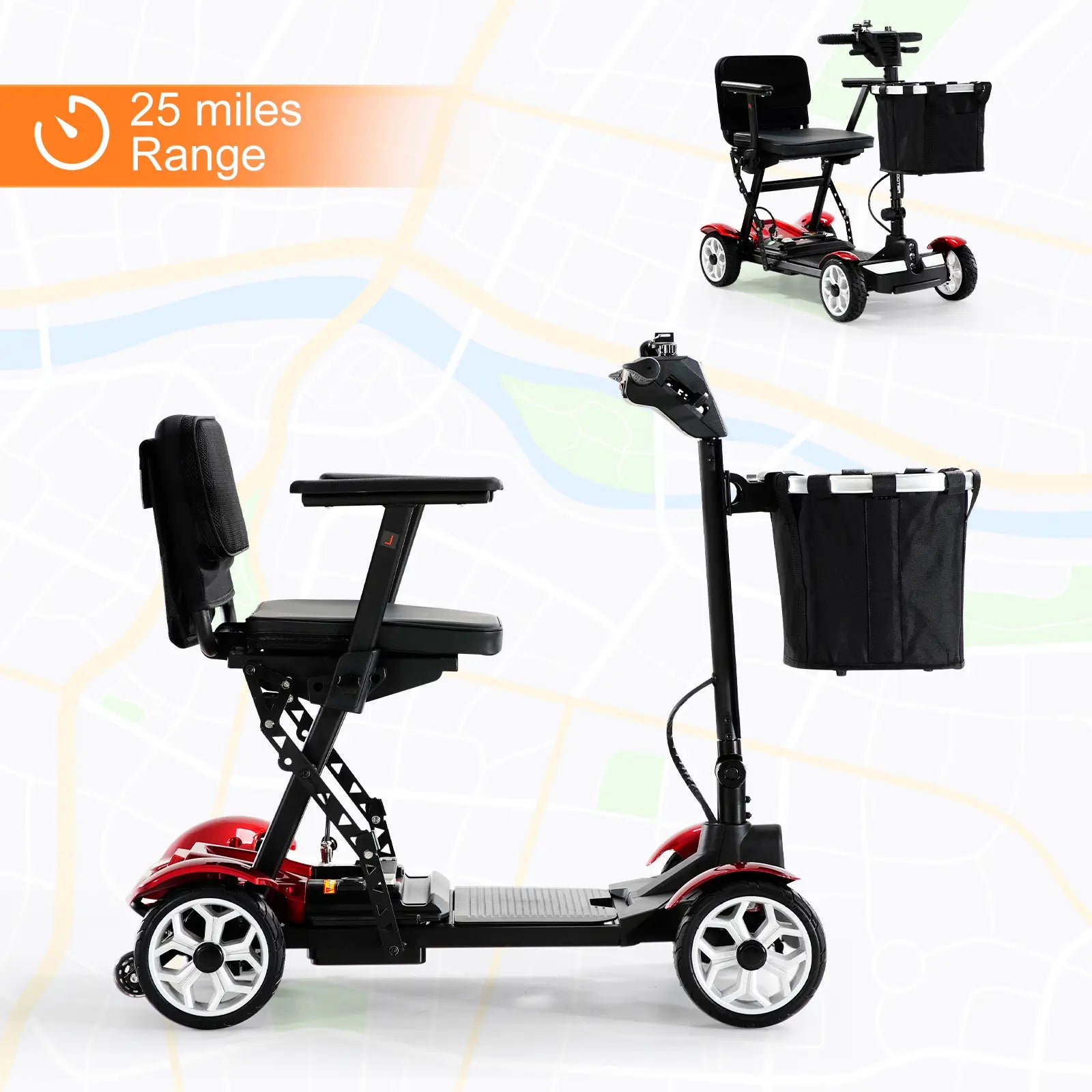 Foldable 4 Wheel Electric Mobility Scooter-Red-25 miles range