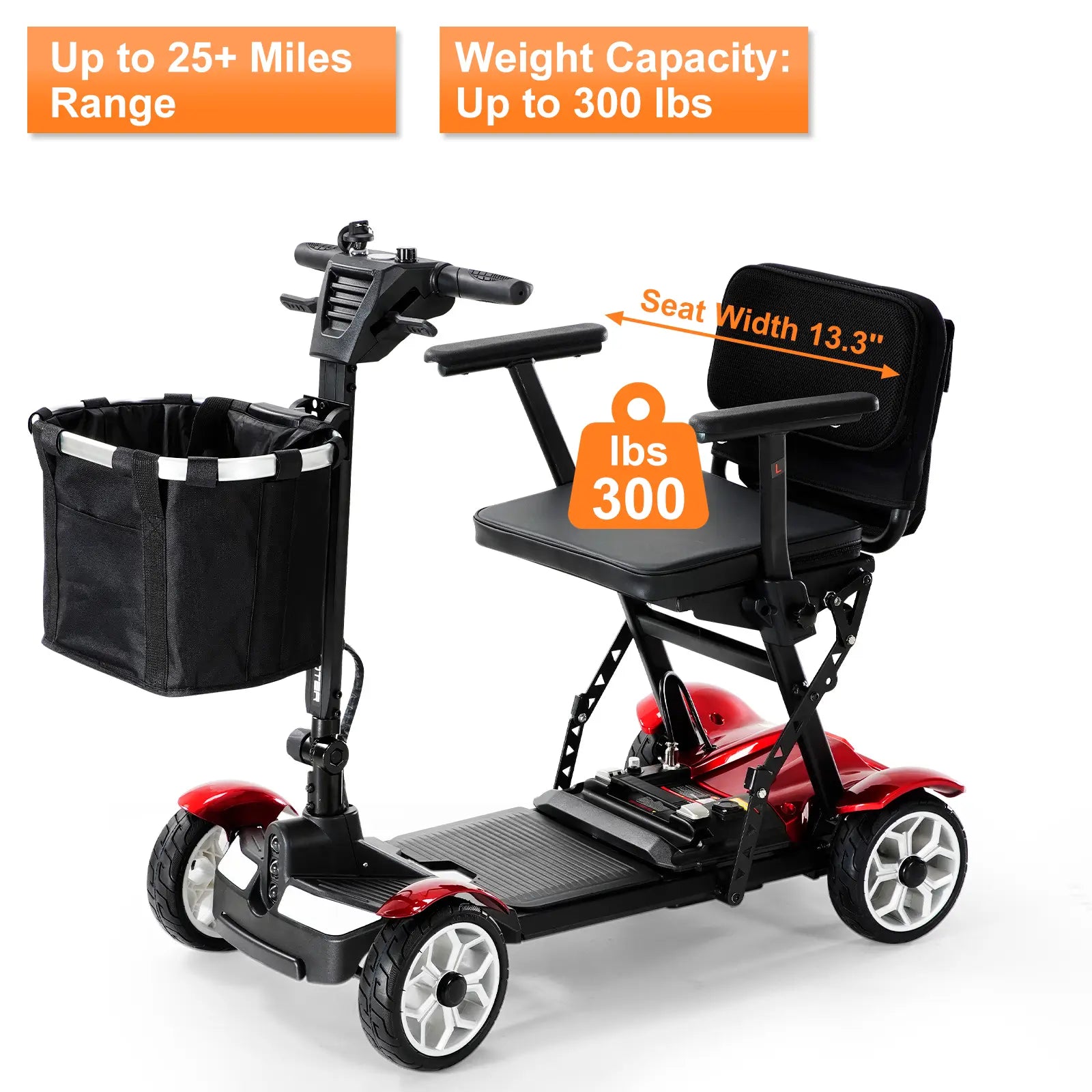 Foldable 4 Wheel Electric Mobility Scooter-Red-weight capacity 300lbs