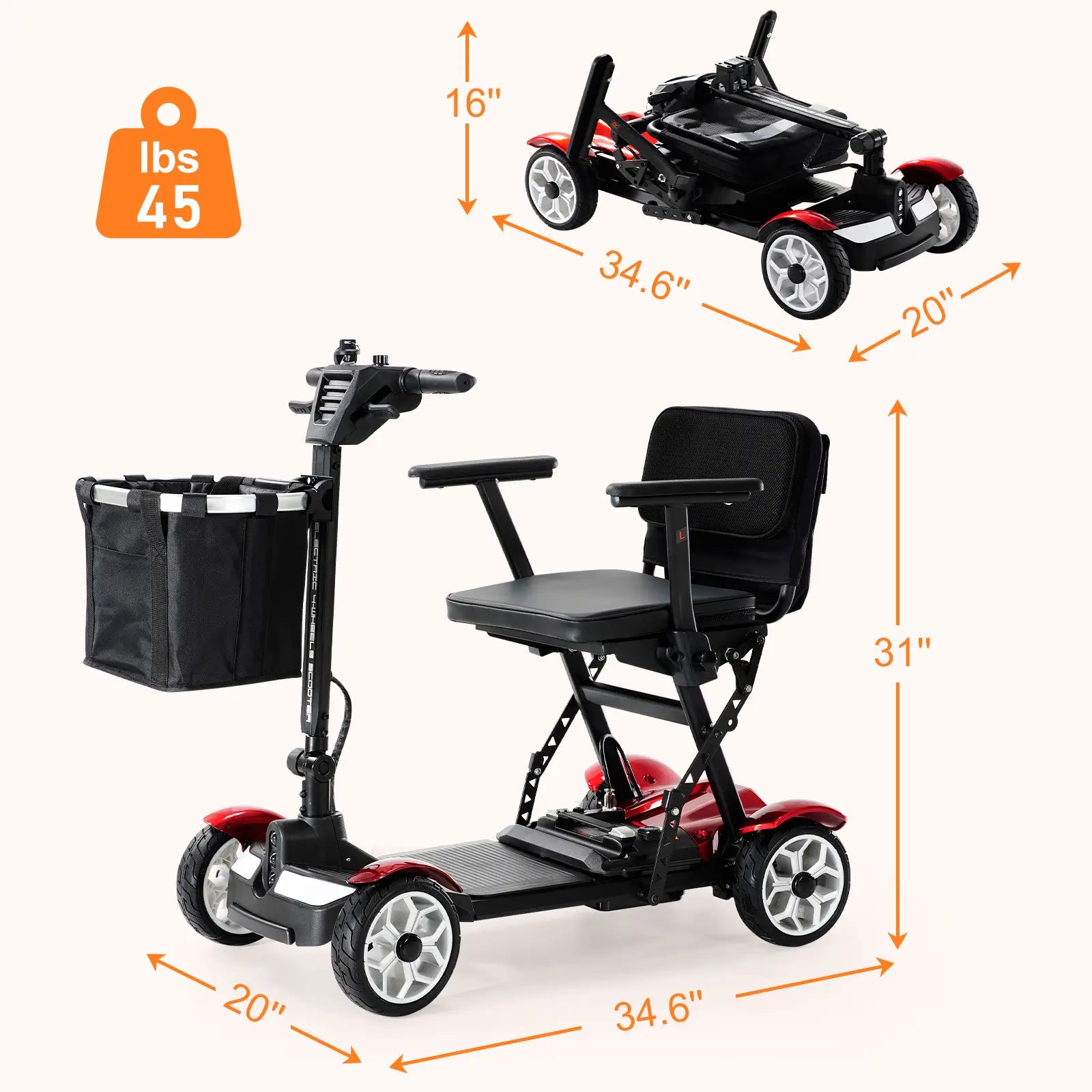 Foldable 4 Wheel Electric Mobility Scooter-Red-size