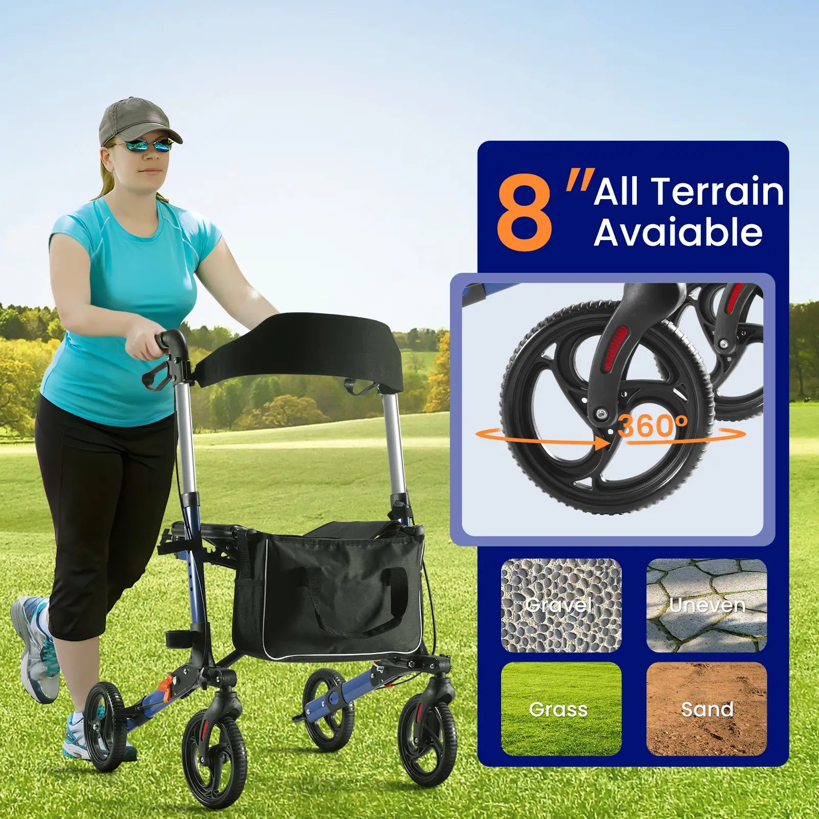 Folding Rolling Walker for Seniors with Seat Blue All Terrain