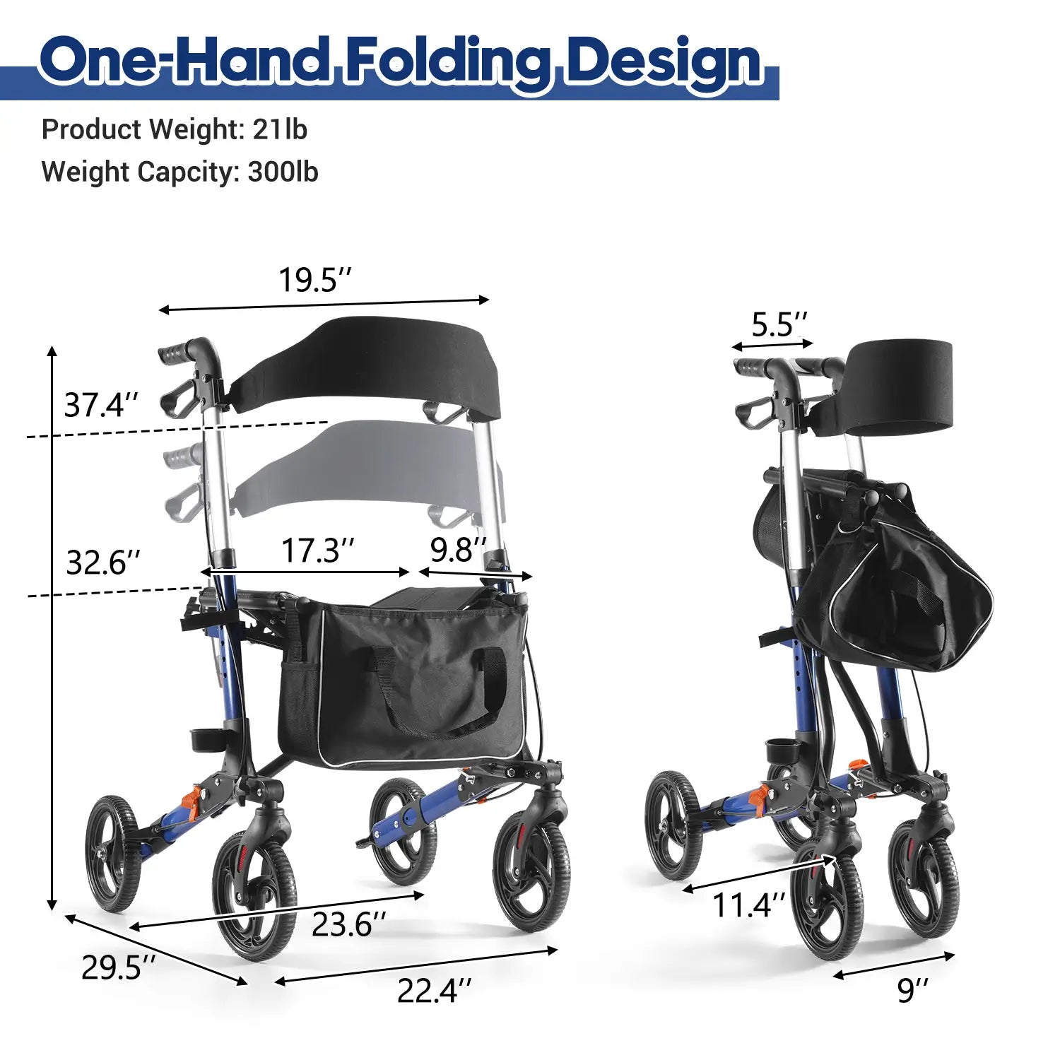 Folding Rolling Walker for Seniors with Seat Blue Product Size