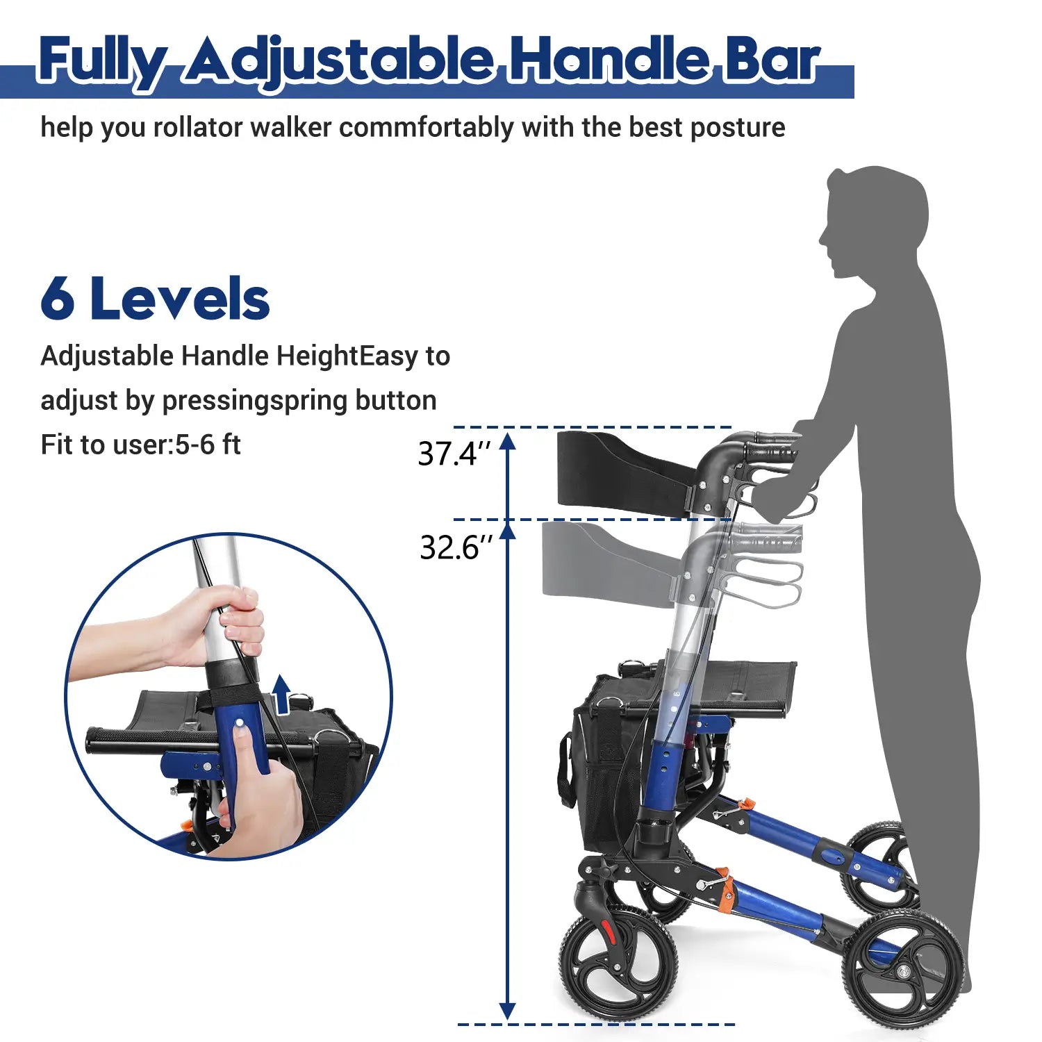 Folding Rolling Walker for Seniors with Seat Blue Adjustable Height