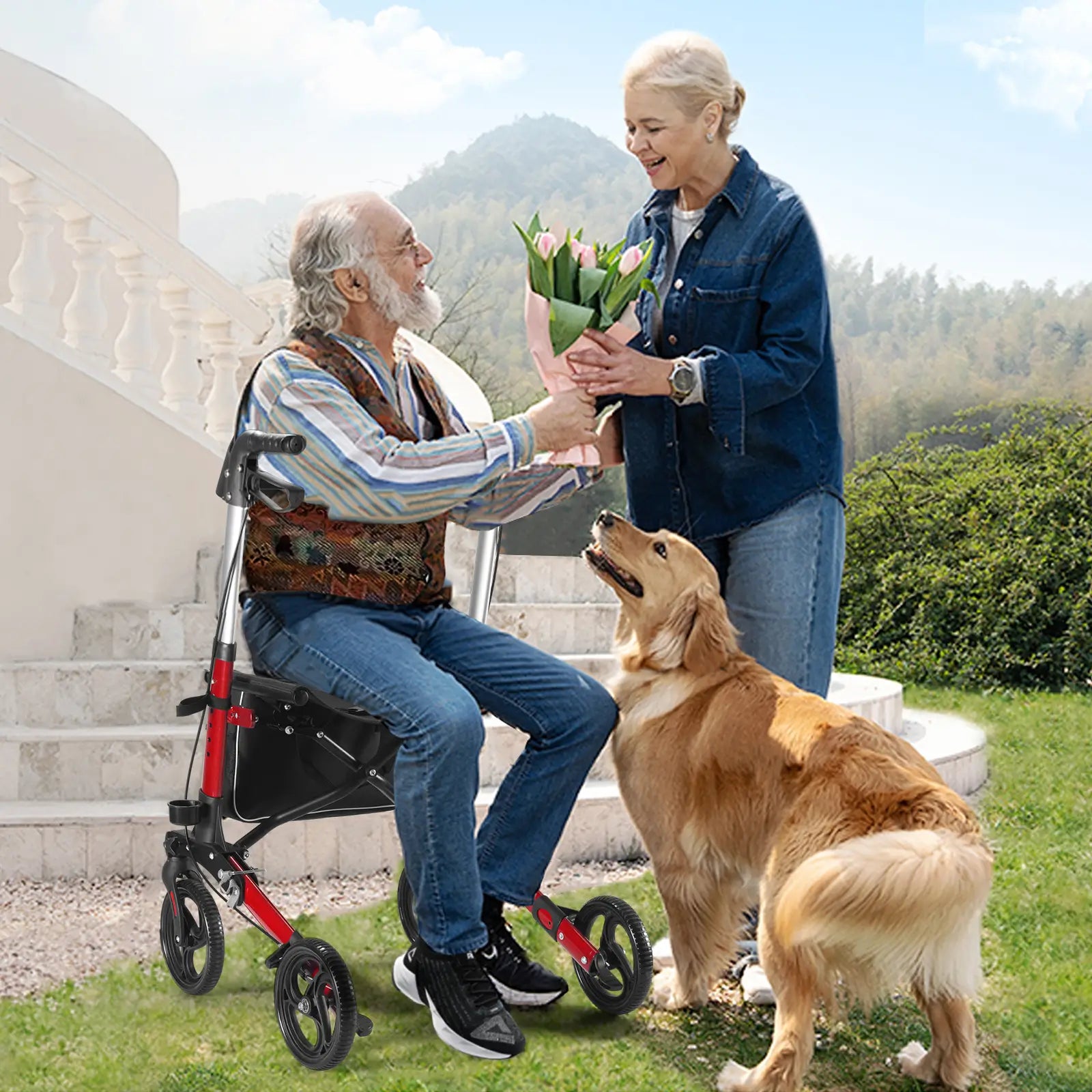 Folding Rolling Walker for Seniors with Seat Red