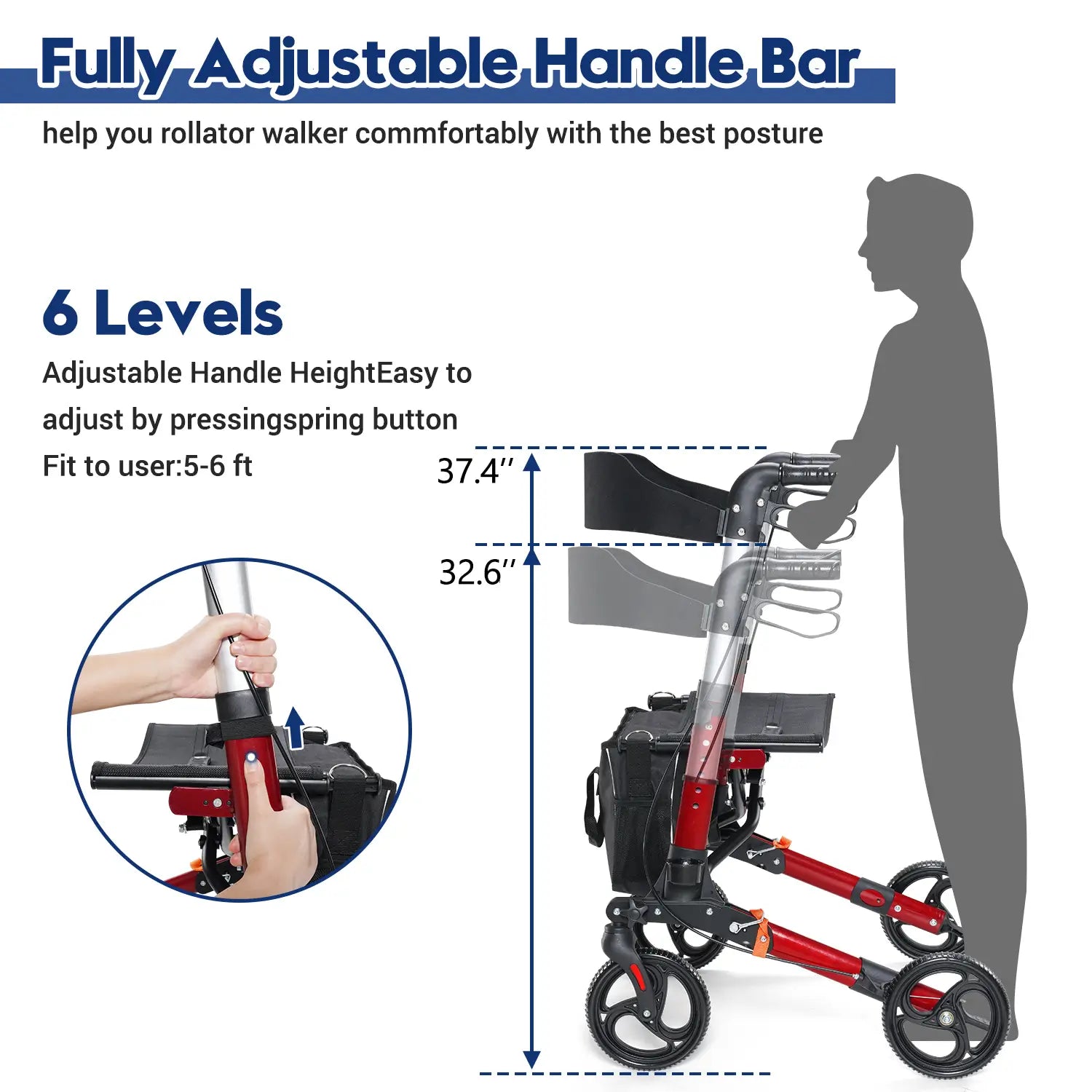 Folding Rolling Walker for Seniors with Seat Red Adjustable Height