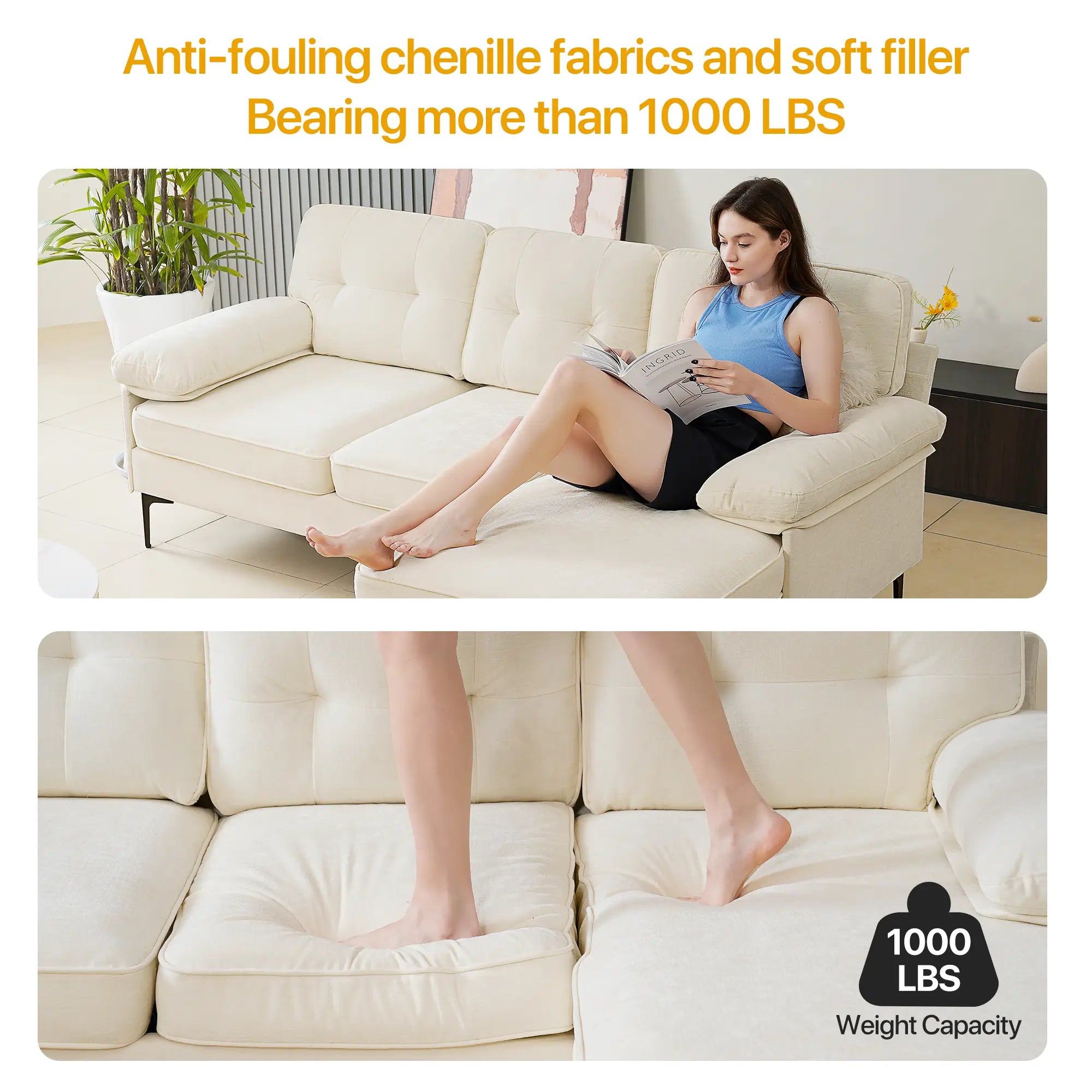 SOULOUT 82. 7Modern Chenille Sectional Sofa Beige Weight capacity 1000LBS#Color_Beige