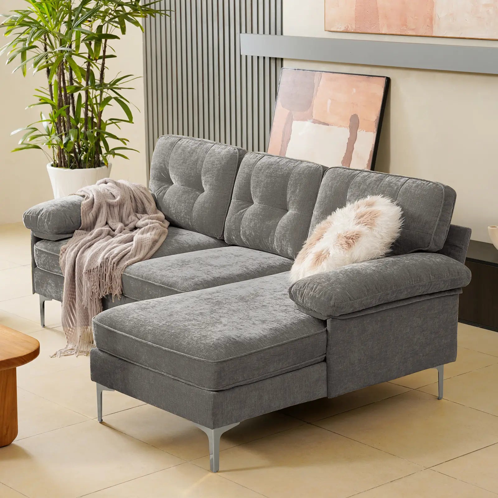 SOULOUT 82. 7Modern Chenille Sectional Sofa Side view#Color_Grey