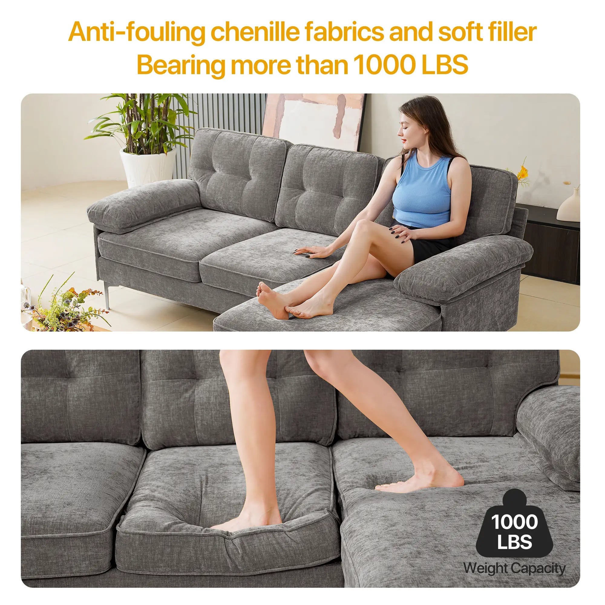 SOULOUT 82. 7Modern Chenille Sectional Sofa Grey Weight capacity 1000LBS#Color_Grey