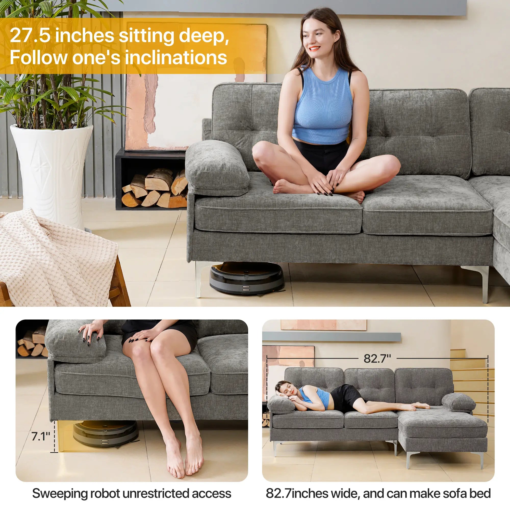 SOULOUT 82. 7Modern Chenille Sectional Sofa#Color_Grey
