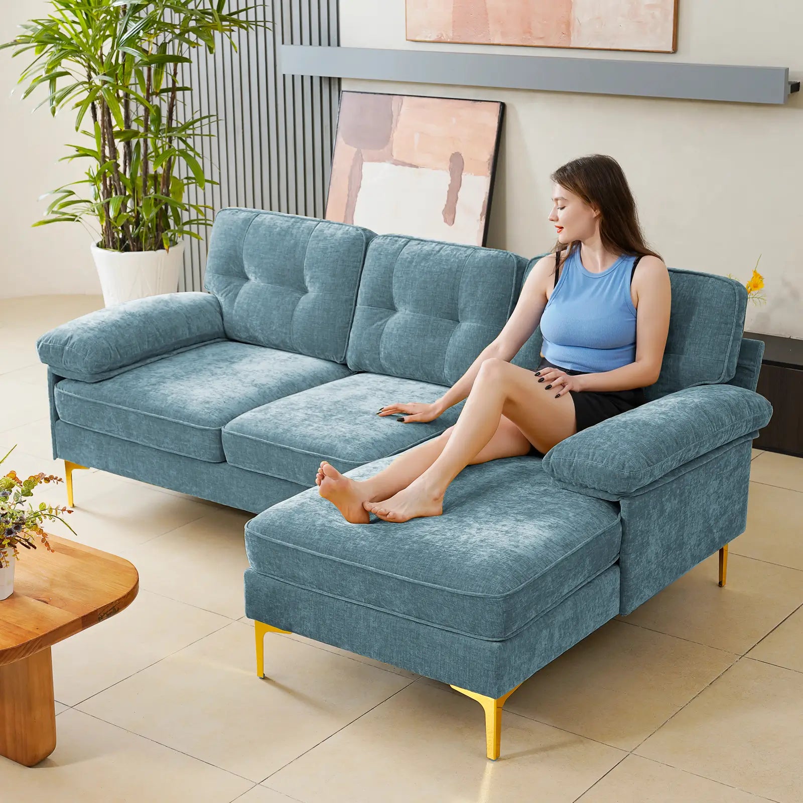 SOULOUT 82. 7Modern Chenille Sectional Sofa Light Blue L Shape Sofa#Color_Light Blue