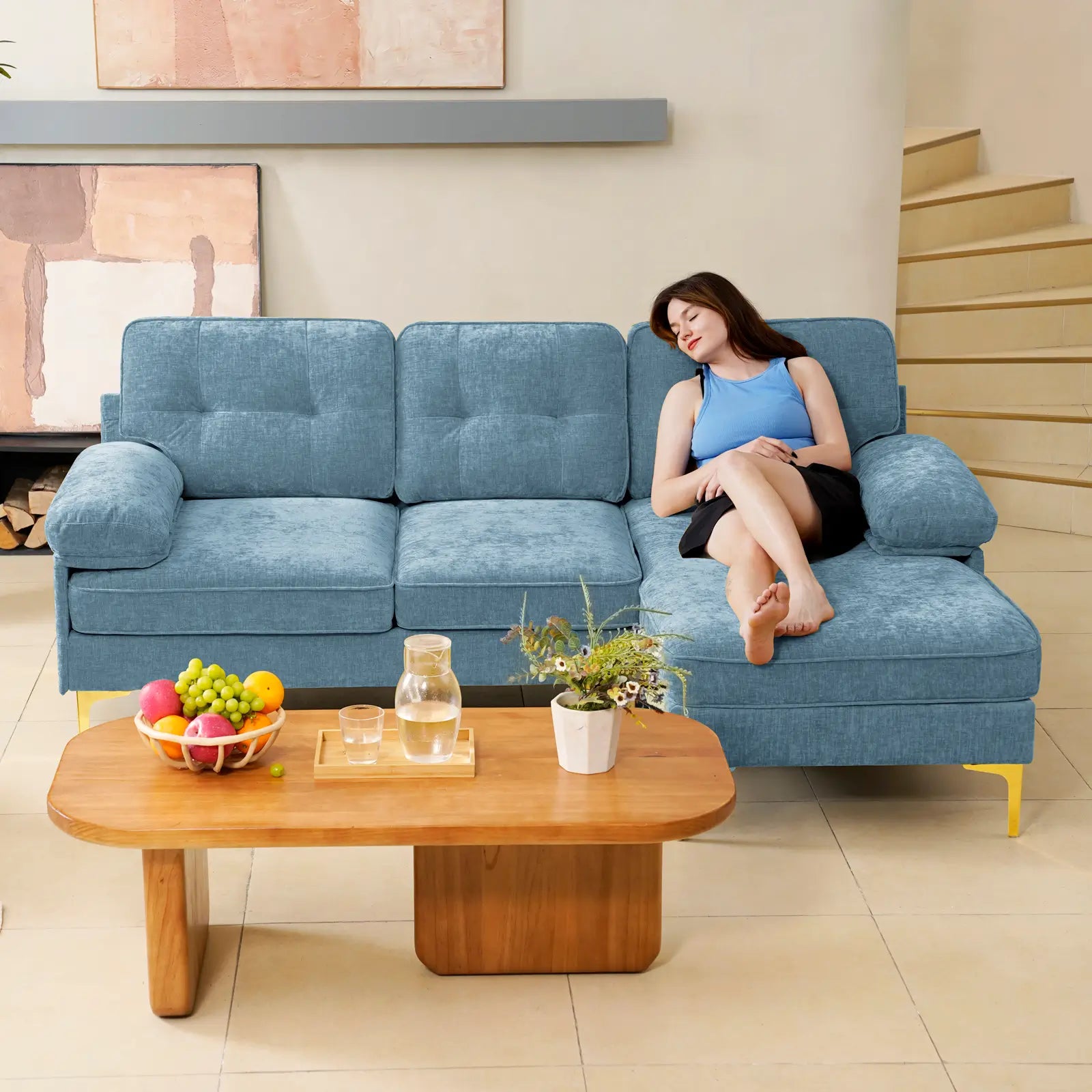 SOULOUT 82. 7Modern Chenille Sectional Sofa Light Blue L Shape Sofa#Color_Light Blue