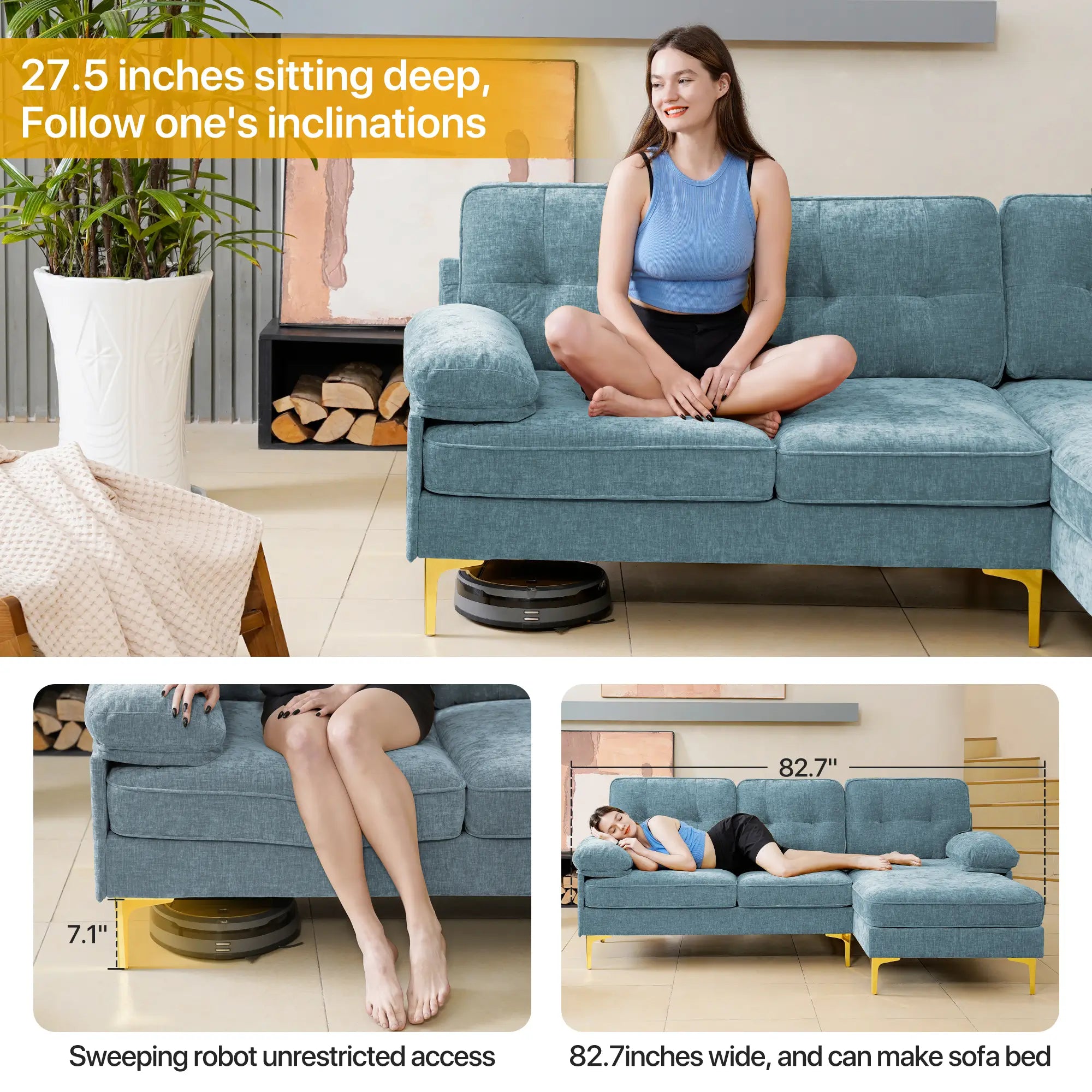 SOULOUT 82. 7Modern Chenille Sectional Sofa sitting deep#Color_Light Blue
