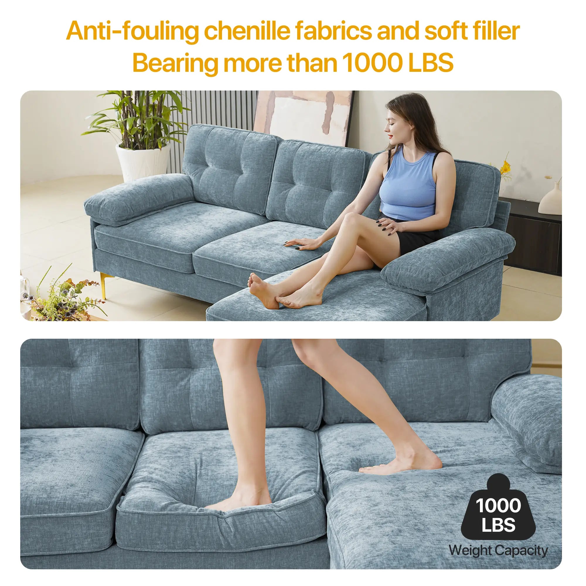 SOULOUT 82. 7Modern Chenille Sectional Sofa Weight capacity 1000LBS#Color_Light Blue