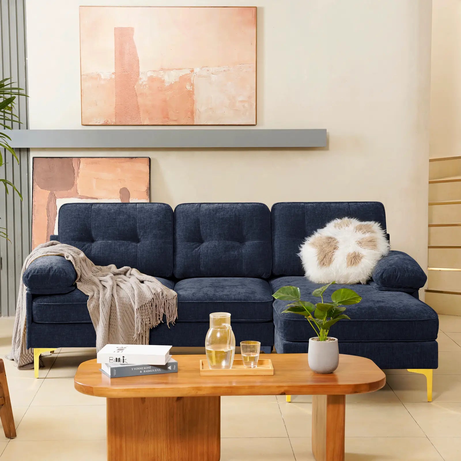 SOULOUT 82. 7Modern Chenille Sectional Sofa#Color_Navy Blue