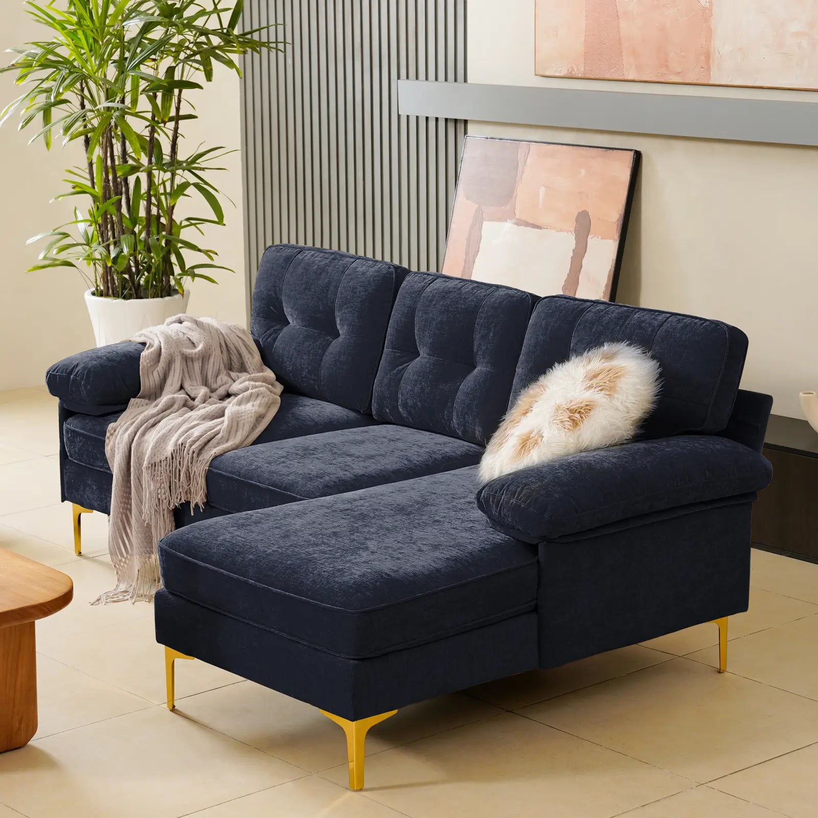 SOULOUT 82. 7Modern Chenille Sectional Sofa Navy Blue Side view#Color_Navy Blue
