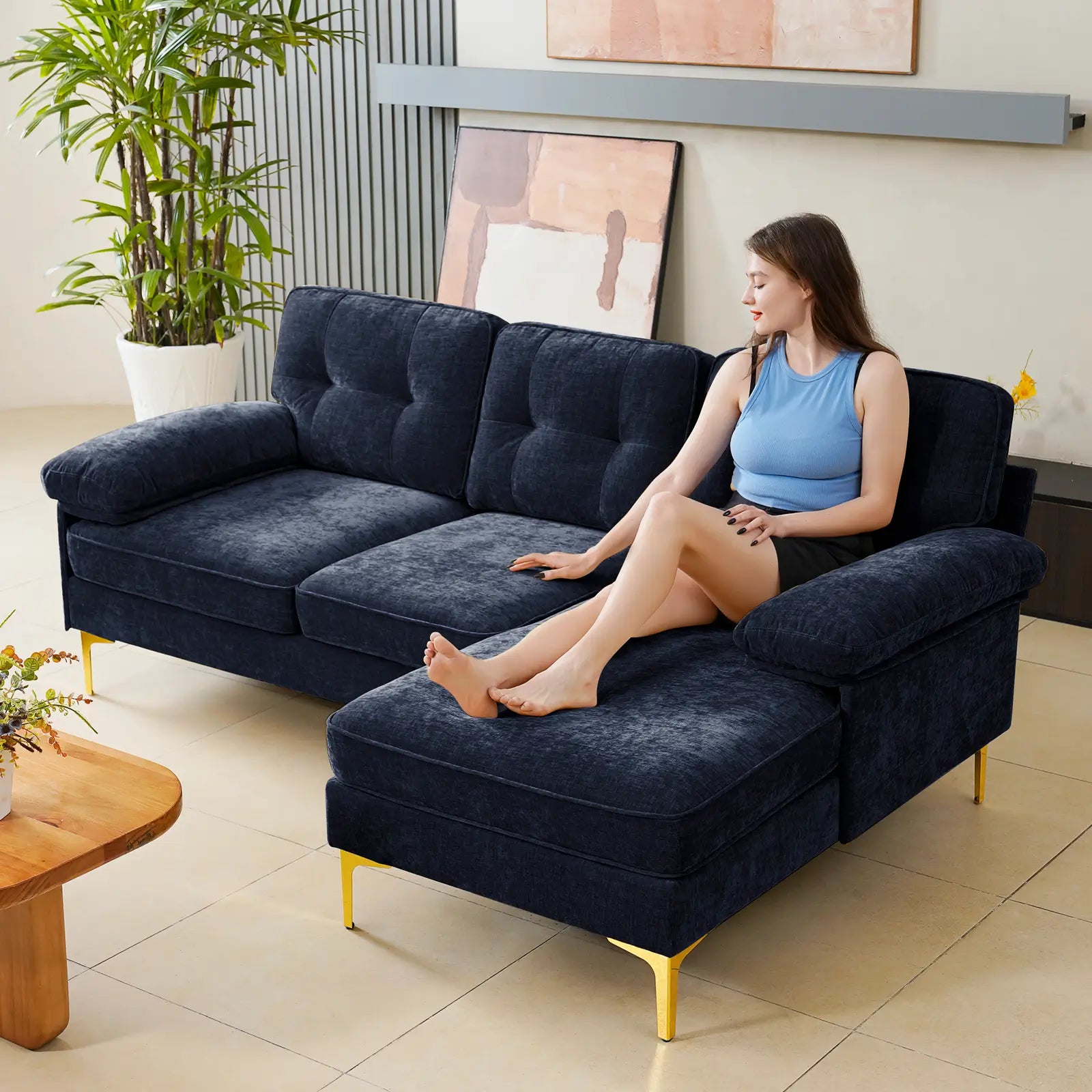 SOULOUT 82. 7Modern Chenille Sectional Sofa Navy Blue L Shape Sofa#Color_Navy Blue