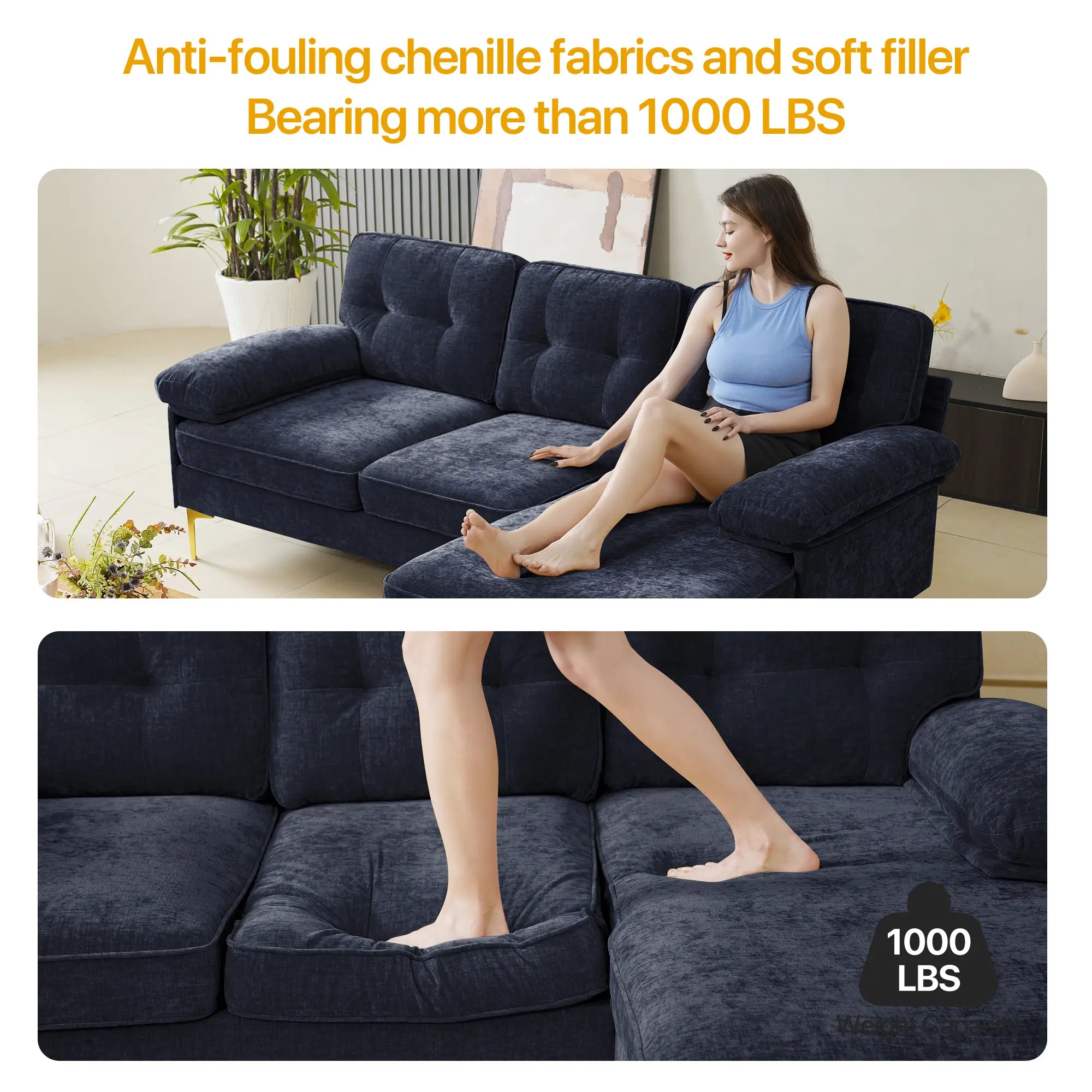 SOULOUT 82. 7Modern Chenille Sectional Sofa NavyBlue Weight capacity 1000LBS#Color_Navy Blue