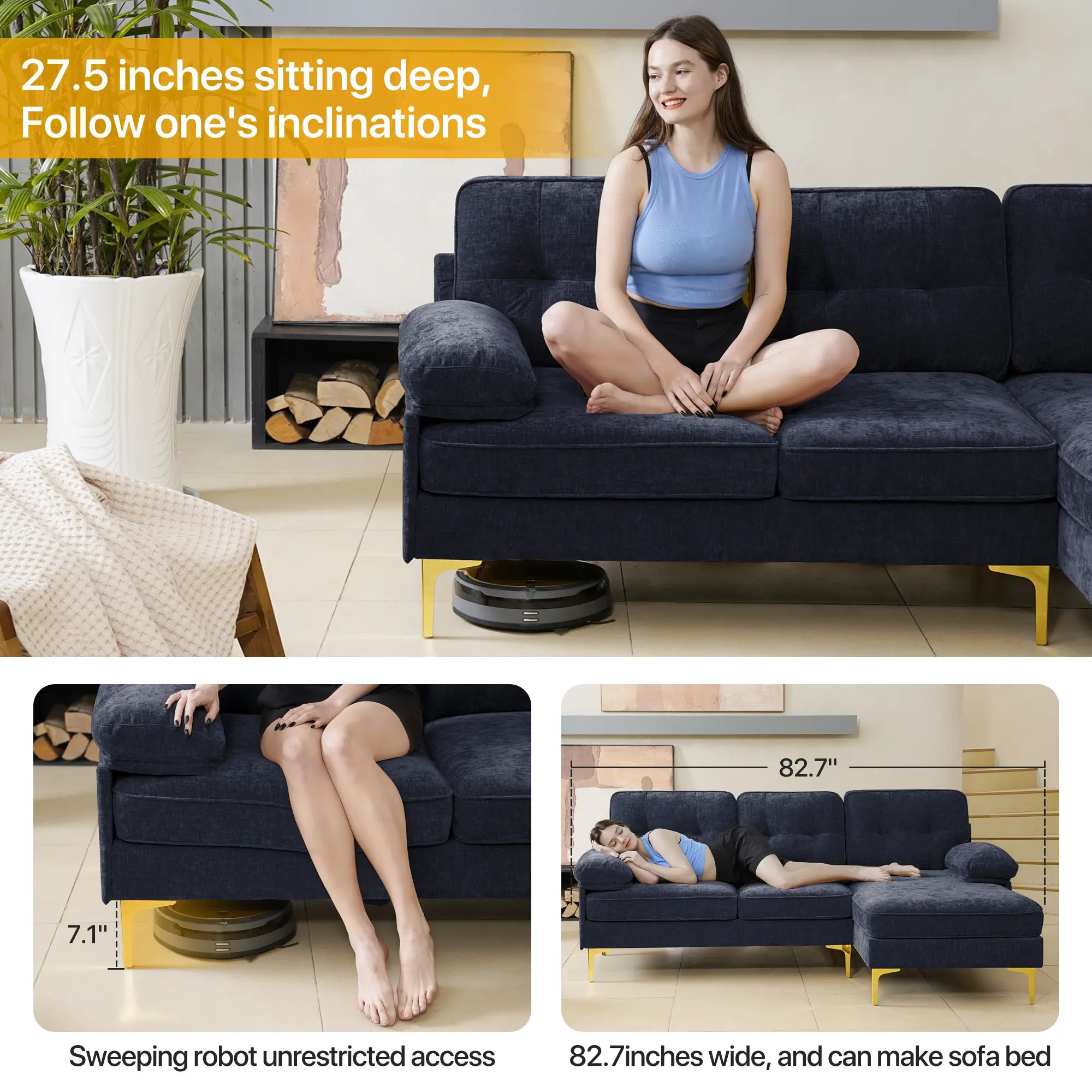 SOULOUT 82. 7Modern Chenille Sectional Sofa NavyBlue Sitting Deep#Color_Navy Blue