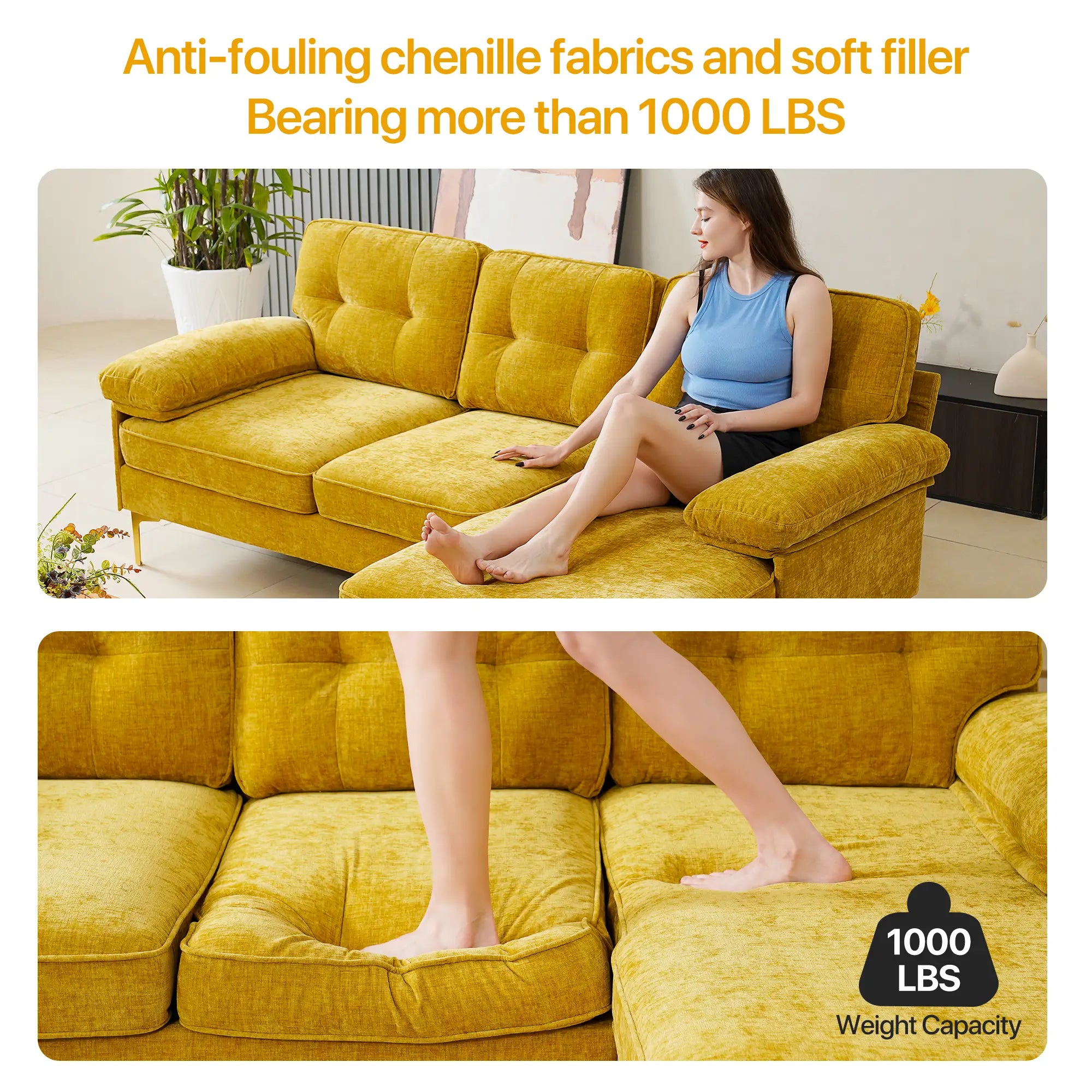SOULOUT 82. 7Modern Chenille Sectional Sofa Weight capacity 1000LBS#Color_Golden