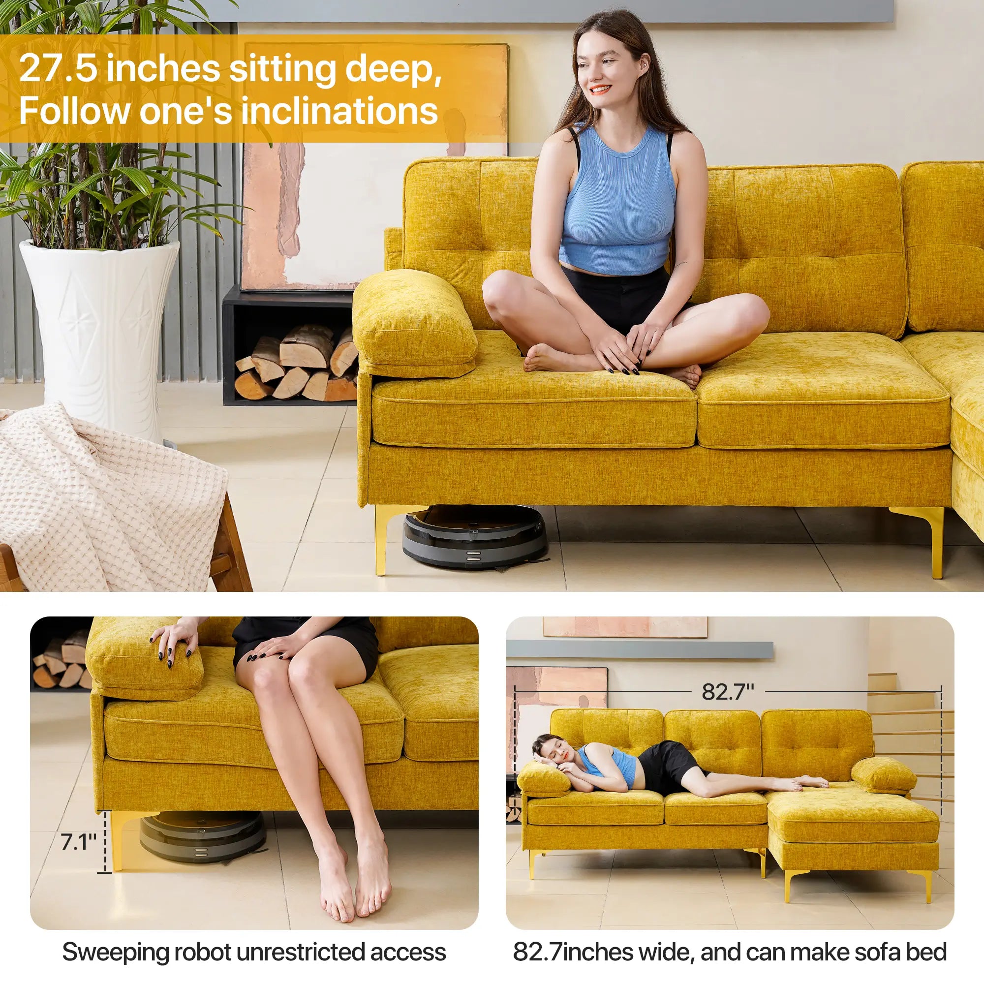 SOULOUT 82. 7Modern Chenille Sectional Sofa#Color_Golden