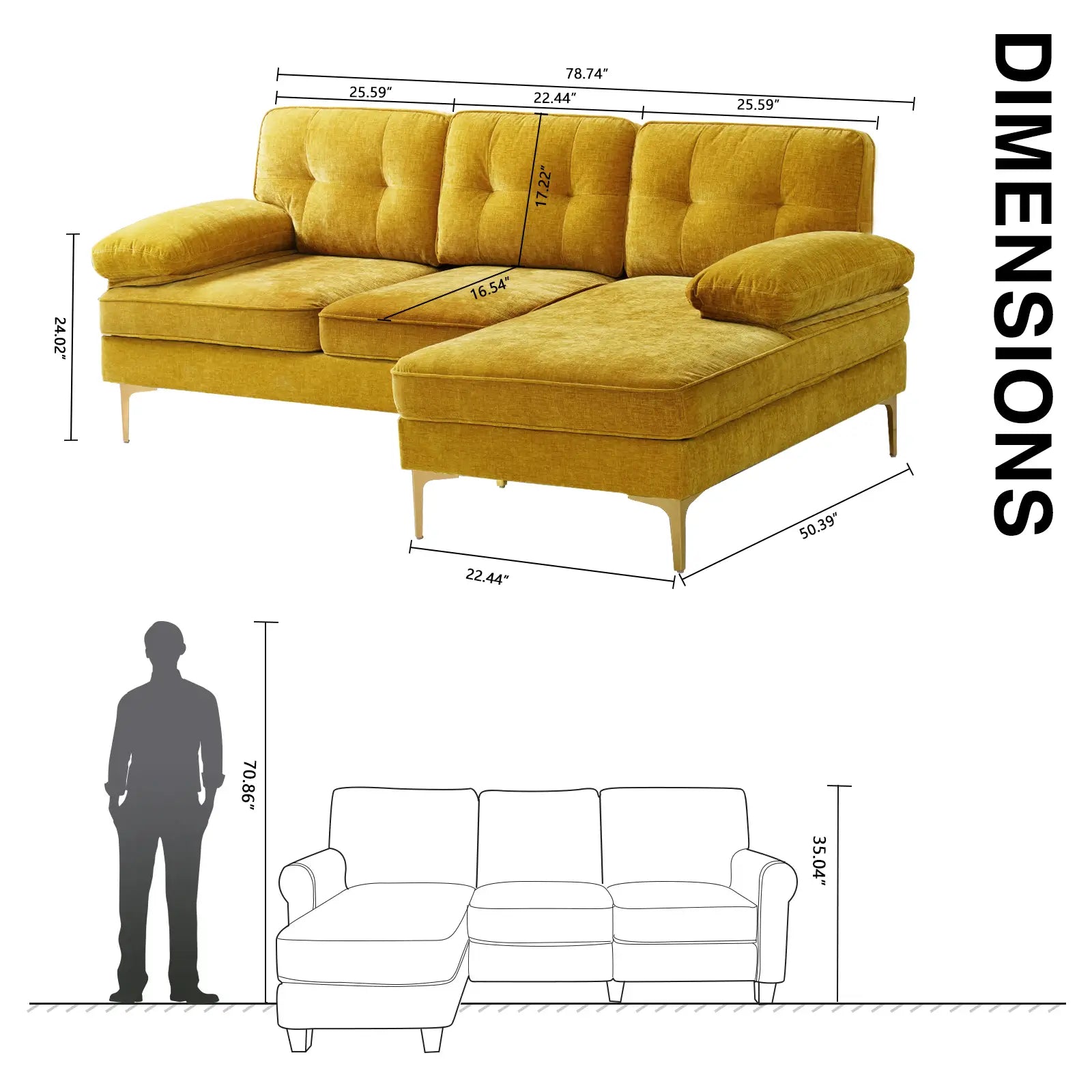 SOULOUT 82. 7Modern Chenille Sectional Sofa Product Size#Color_Golden