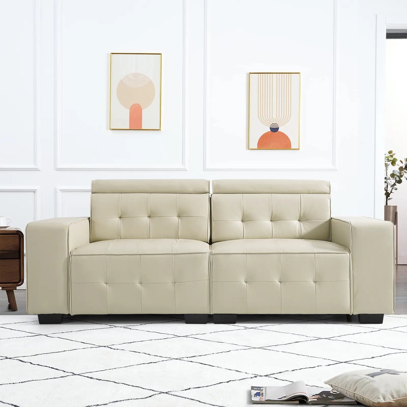 Leather Sofa Couch for Living Room With Adjustable Headrest & Large Armrest#Color_Beige