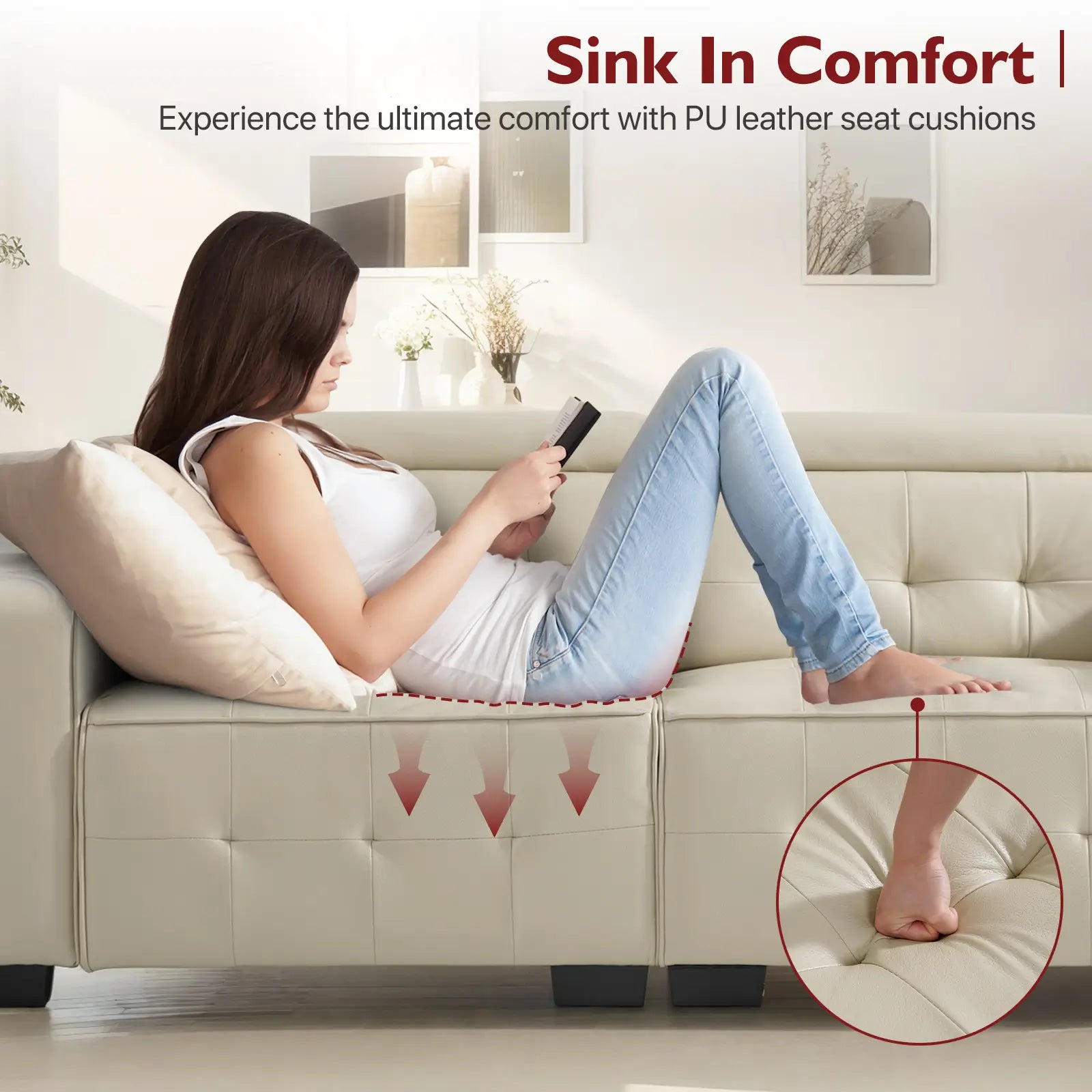 SOULOUT Modern PU Leather Recliner Sofa,With Adjustable Neck Pillow-Beige-Sink In Comfort#Color_Beige