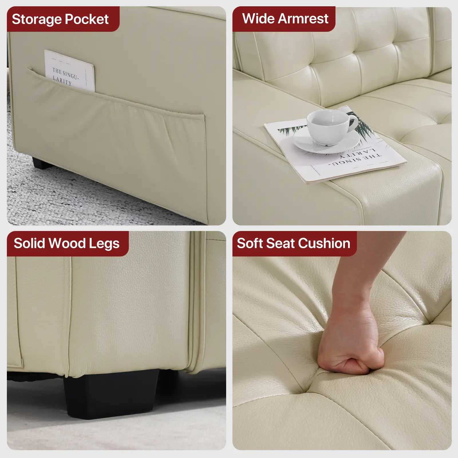 SOULOUT Modern PU Leather Recliner Sofa,With Adjustable Neck Pillow-Beige-Multifunctional#Color_Beige