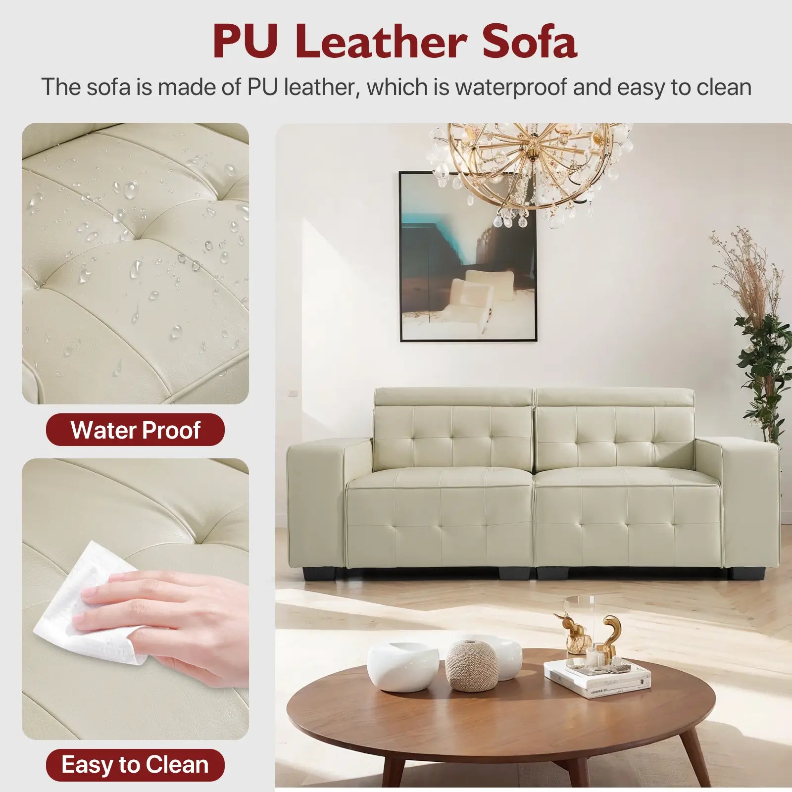 SOULOUT Modern PU Leather Recliner Sofa,With Adjustable Neck Pillow-Beige-PU Leather#Color_Beige