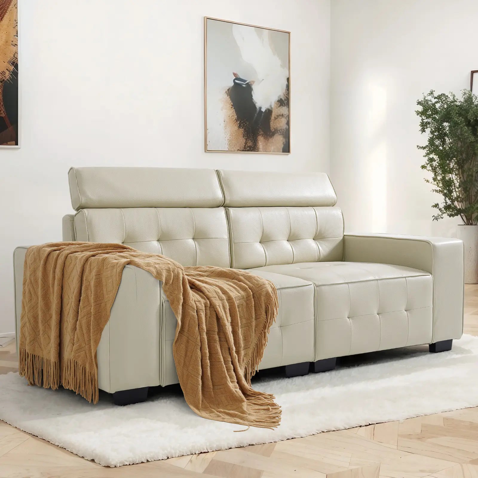 SOULOUT Modern PU Leather Recliner Sofa,With Adjustable Neck Pillow#Color_Beige