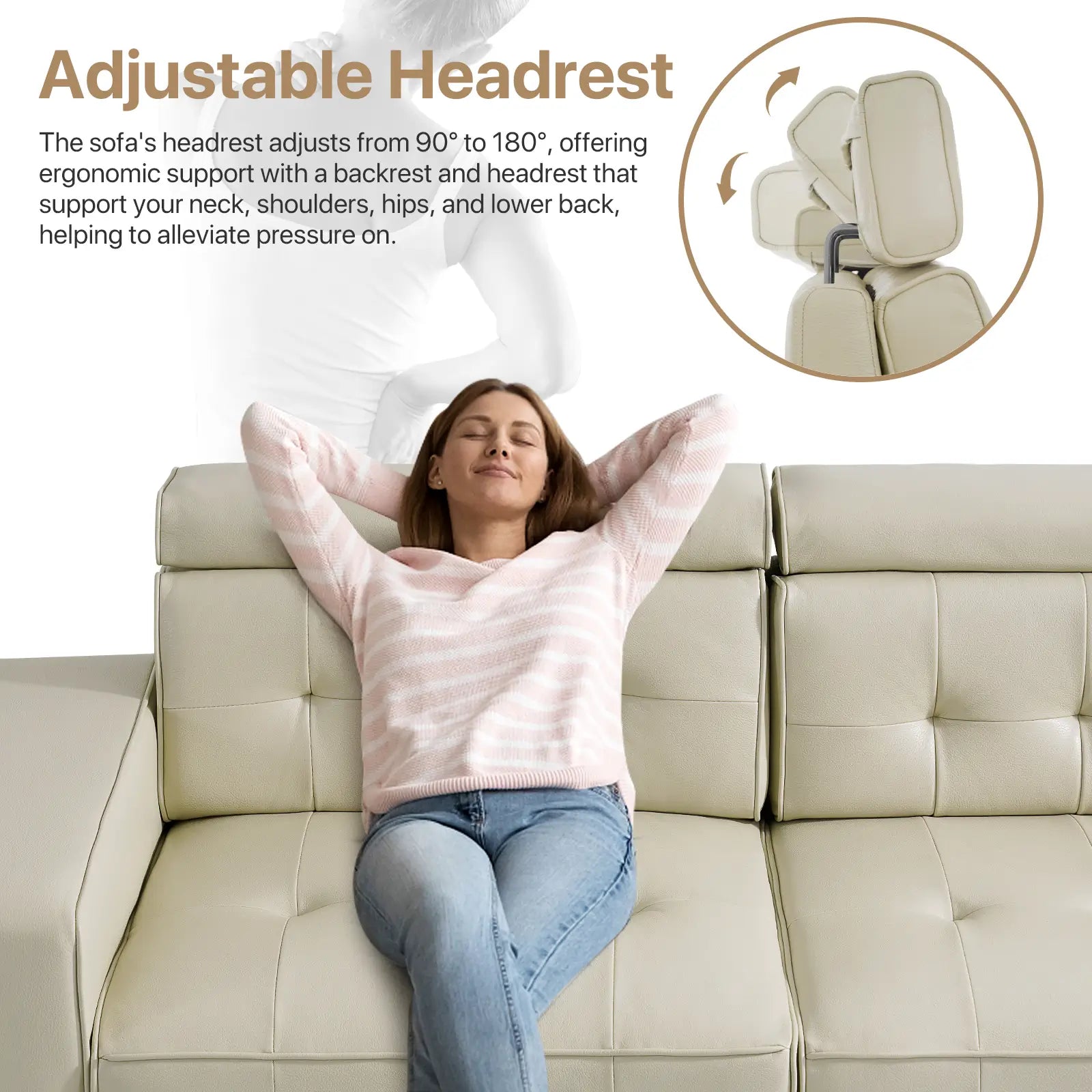 SOULOUT Modern PU Leather Recliner Sofa,With Adjustable Neck Pillow#Color_Beige