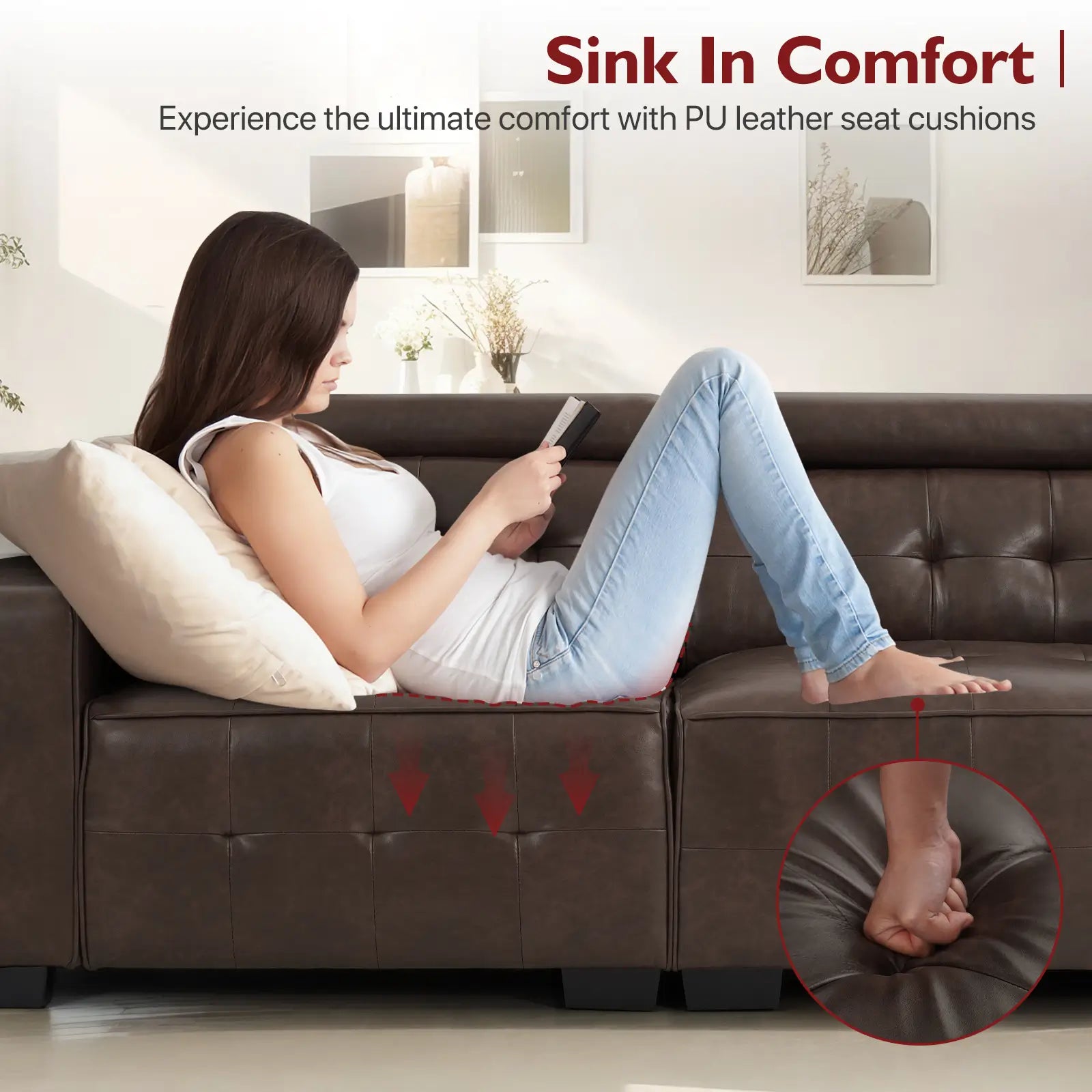 SOULOUT Modern PU Leather Recliner Sofa,With Adjustable Neck Pillow-Brown-Sink In Comfort#Color_Brown