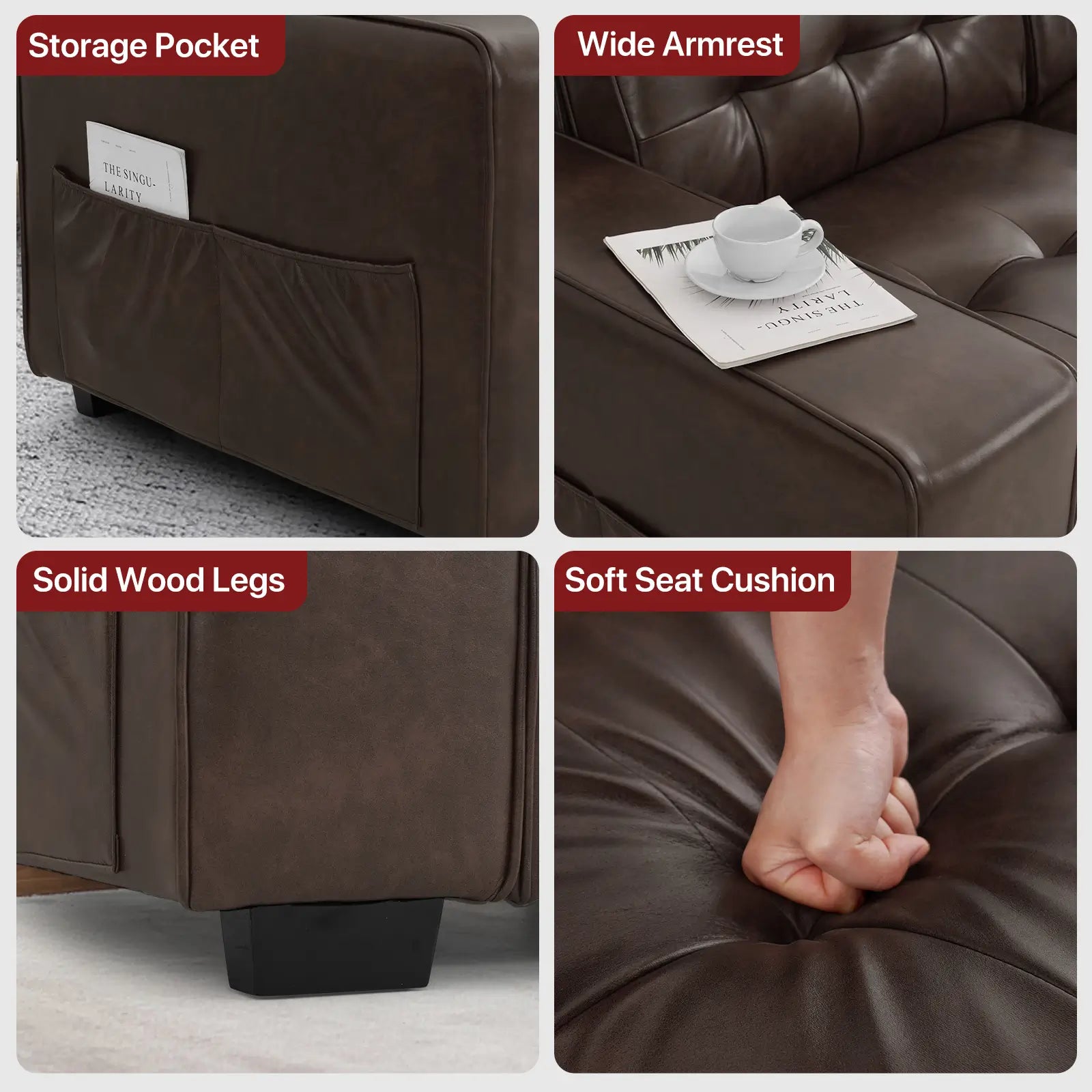 SOULOUT Modern PU Leather Recliner Sofa,With Adjustable Neck Pillow-Brown-Multifunctional#Color_Brown