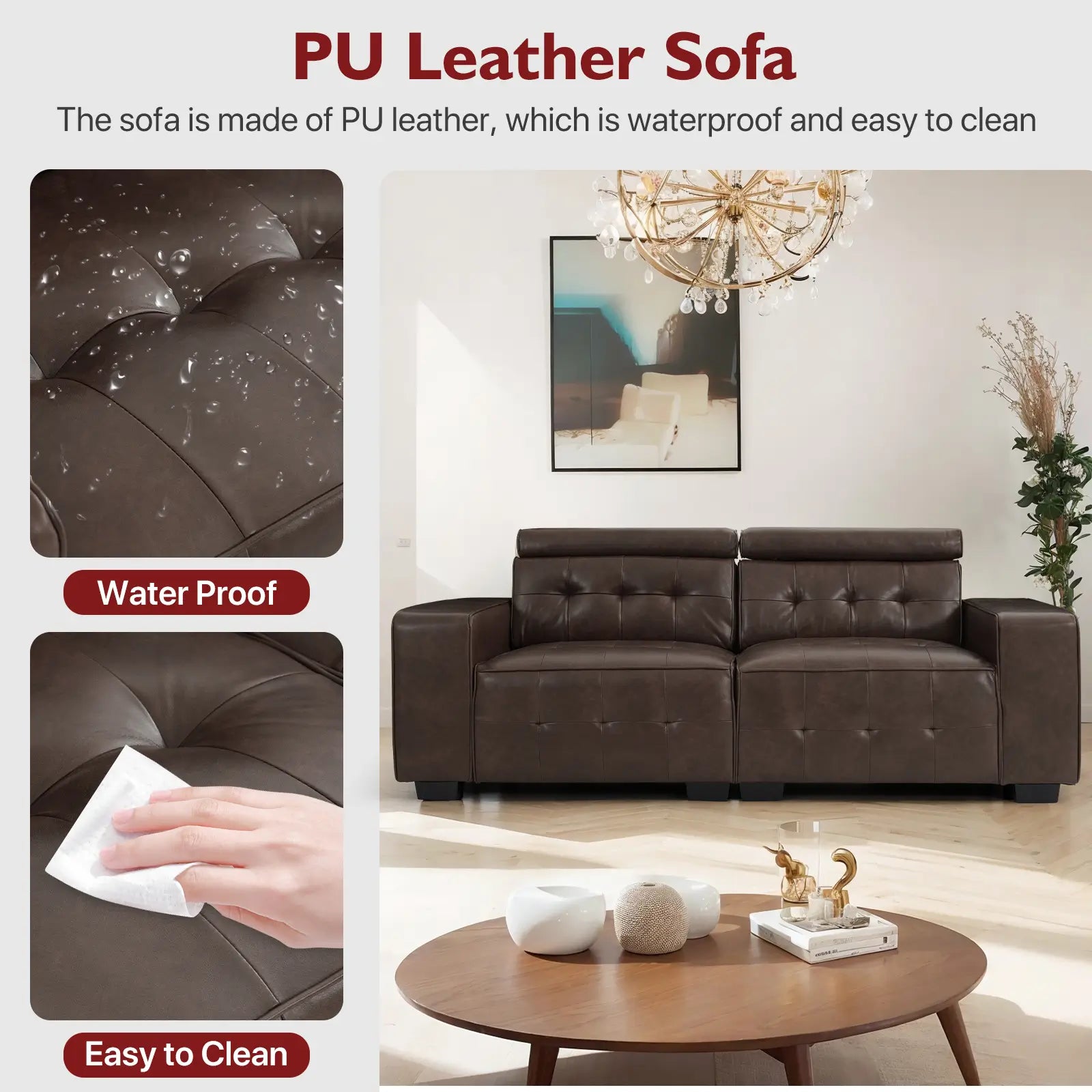 SOULOUT Modern PU Leather Recliner Sofa,With Adjustable Neck Pillow-Brown-PU Leather#Color_Brown