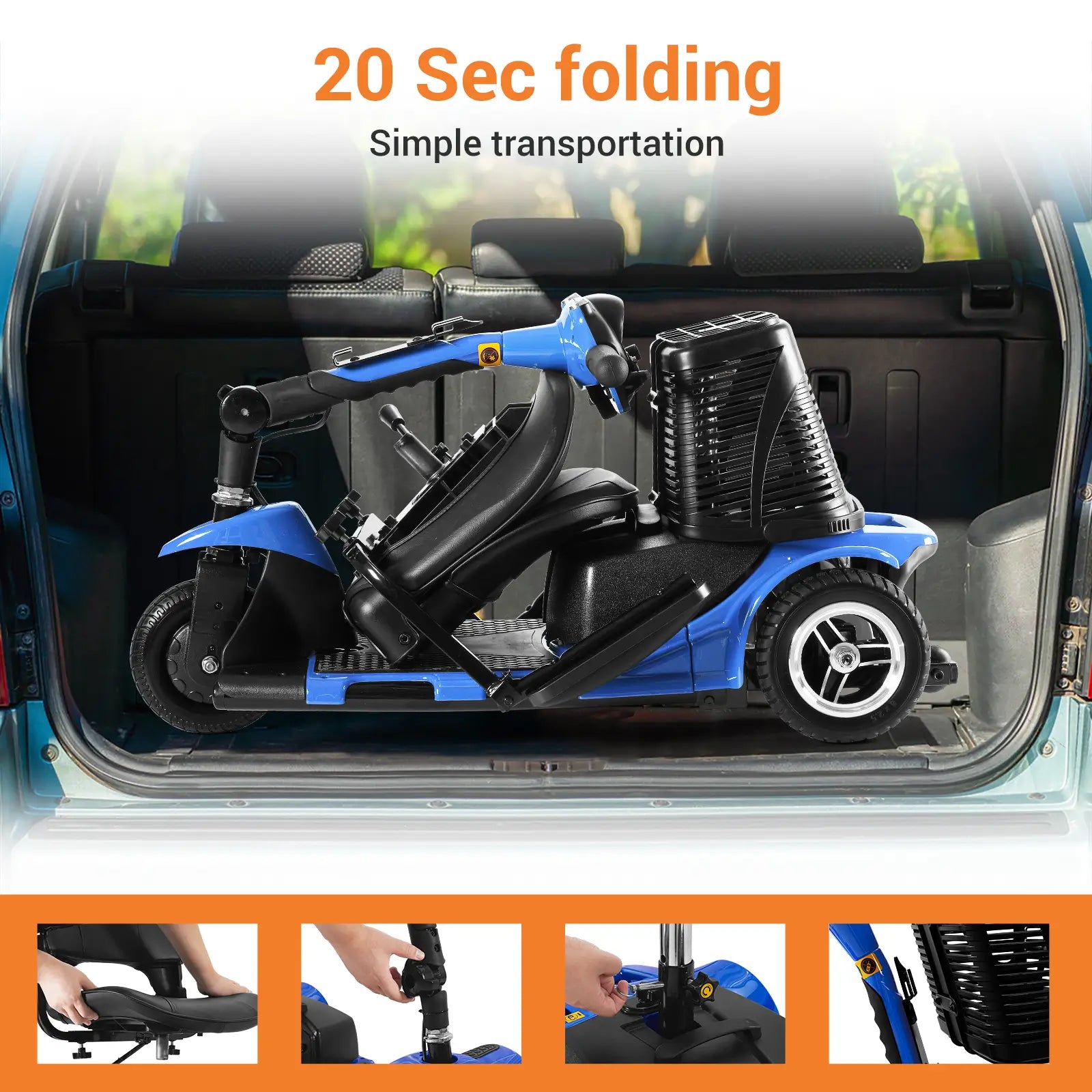 Soulout 3 Wheel Electric Mobility Scooter-Blue-folding#Color_Blue