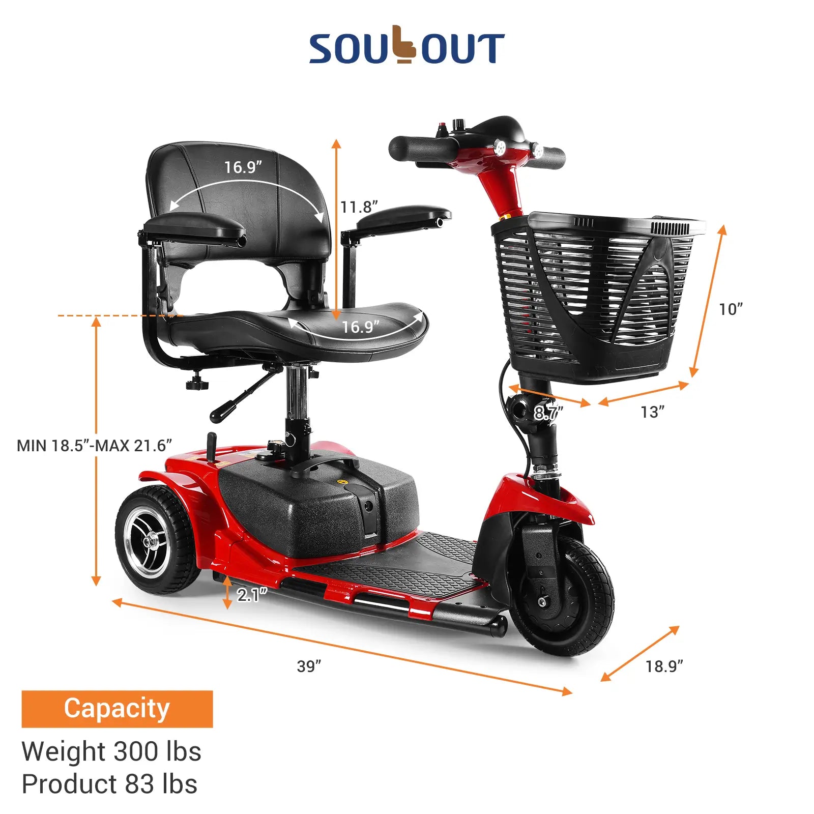 Soulout 3 Wheel Electric Mobility Scooter-Red*size#Color_Red