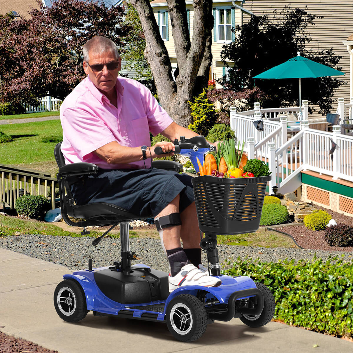 An elderly man driving a blue mobility scooter down the road#Color_Blue